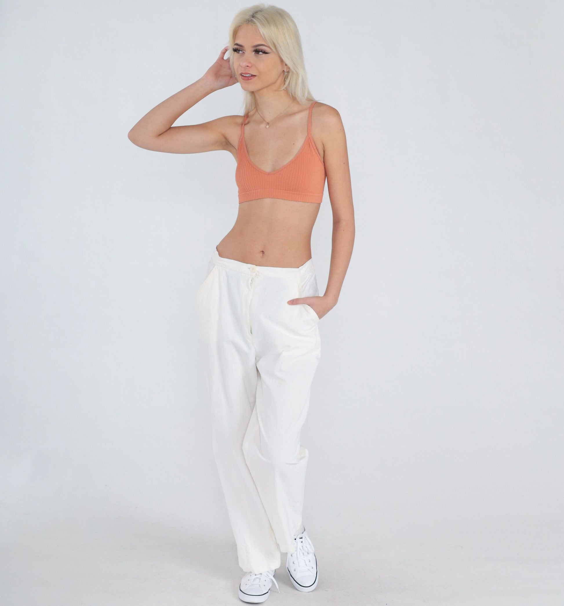 80s White Linen Straight Leg Trousers High Waist Vintage Medium M