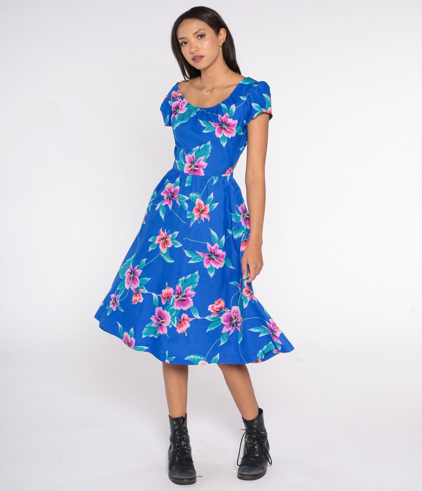 80s Tropical Floral Midi Dress Blue Keyhole Back Puff Sleeve High Waist Small
