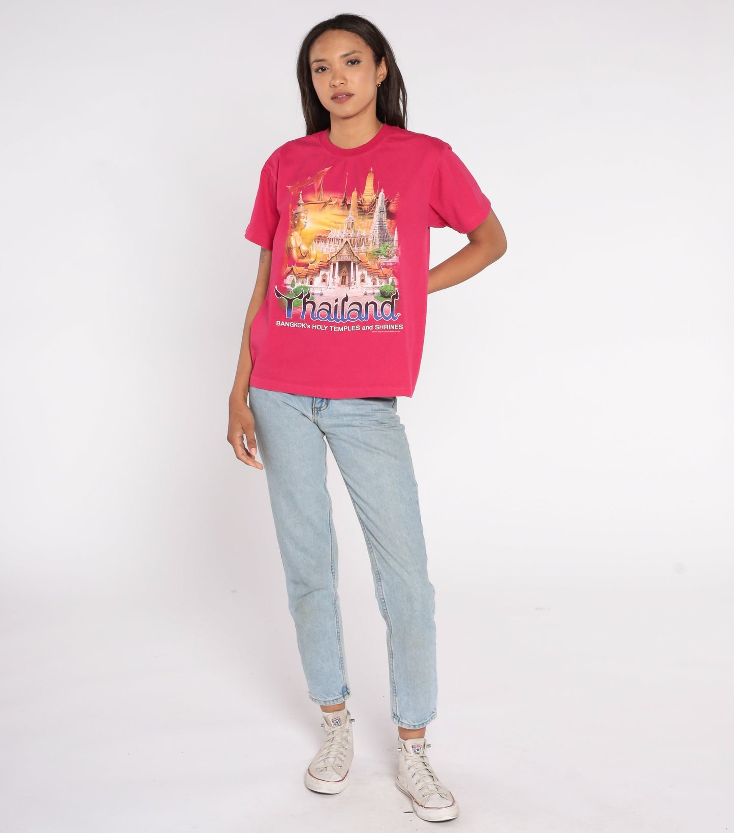 00s Bangkok Thailand Temples Graphic T-Shirt Hot Pink Cotton Medium