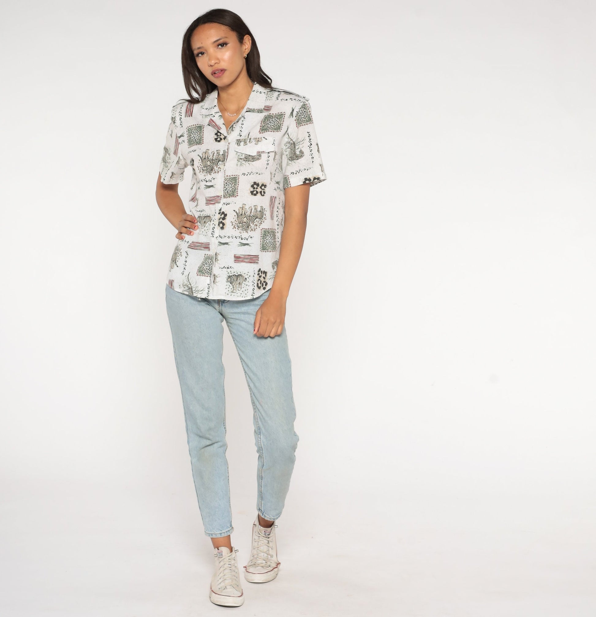 90s Safari Animal Print Button Up Shirt Leopard Tiger Jungle Blouse Small