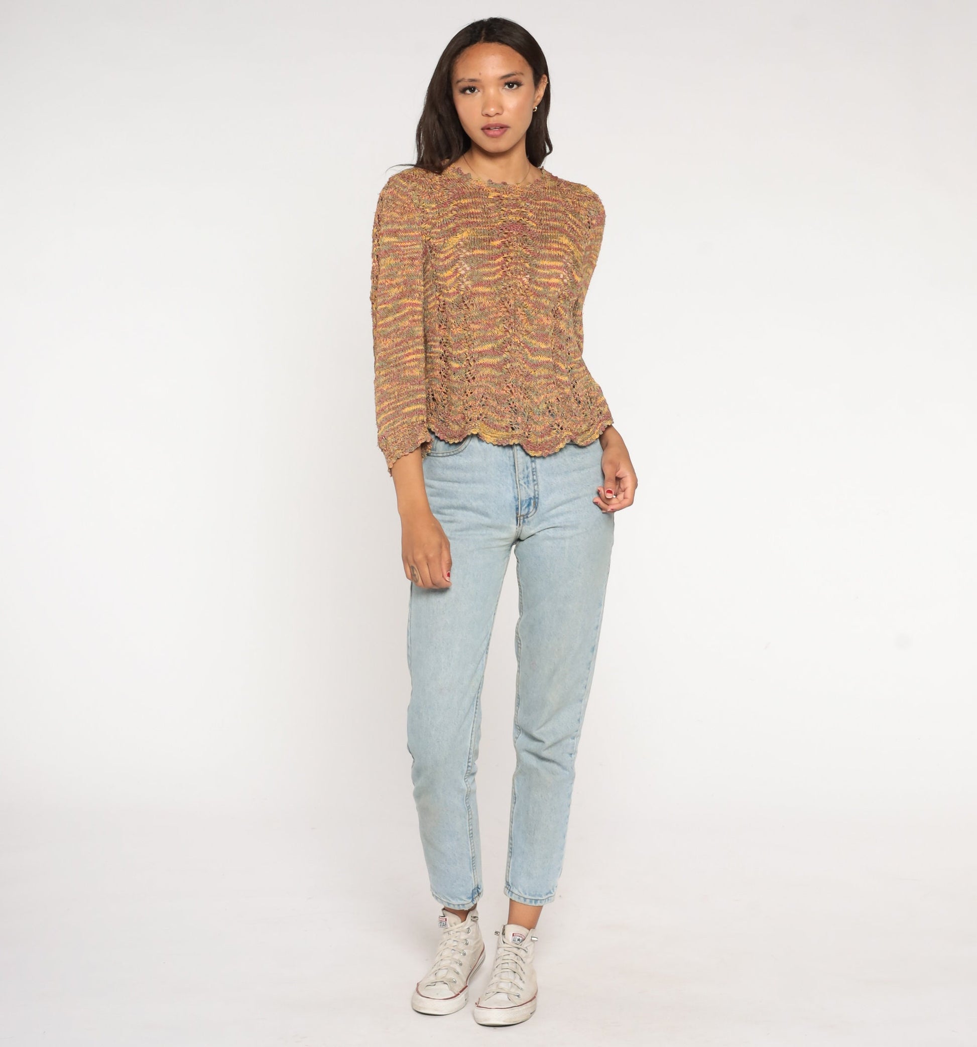 00s Space Dye Open Weave Pointelle Sweater Cut Out Knit Small