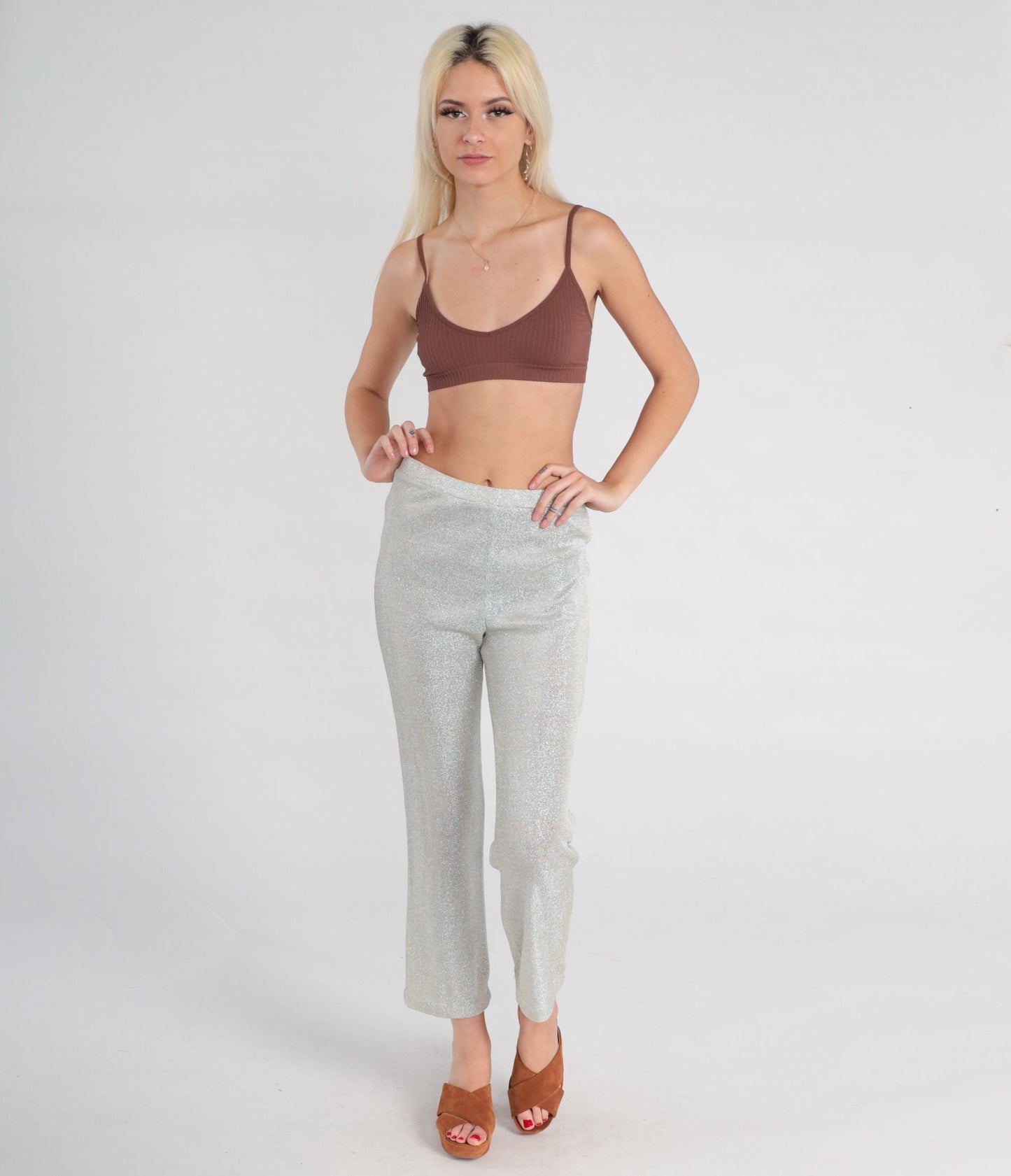 90s Metallic Silver Lurex Skinny Pants High Waist Elastic Medium