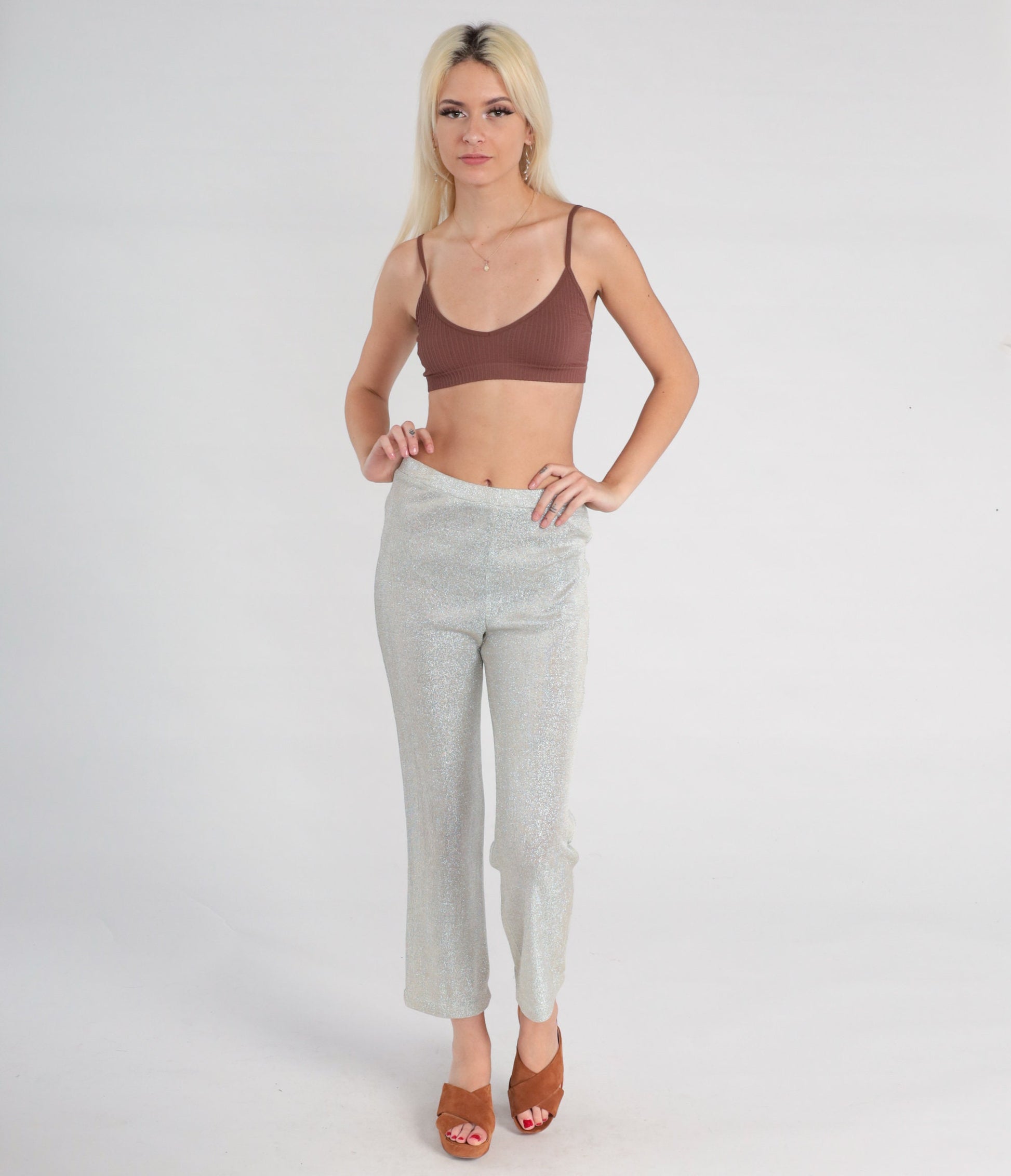 90s Metallic Silver Lurex Skinny Pants High Waist Elastic Medium