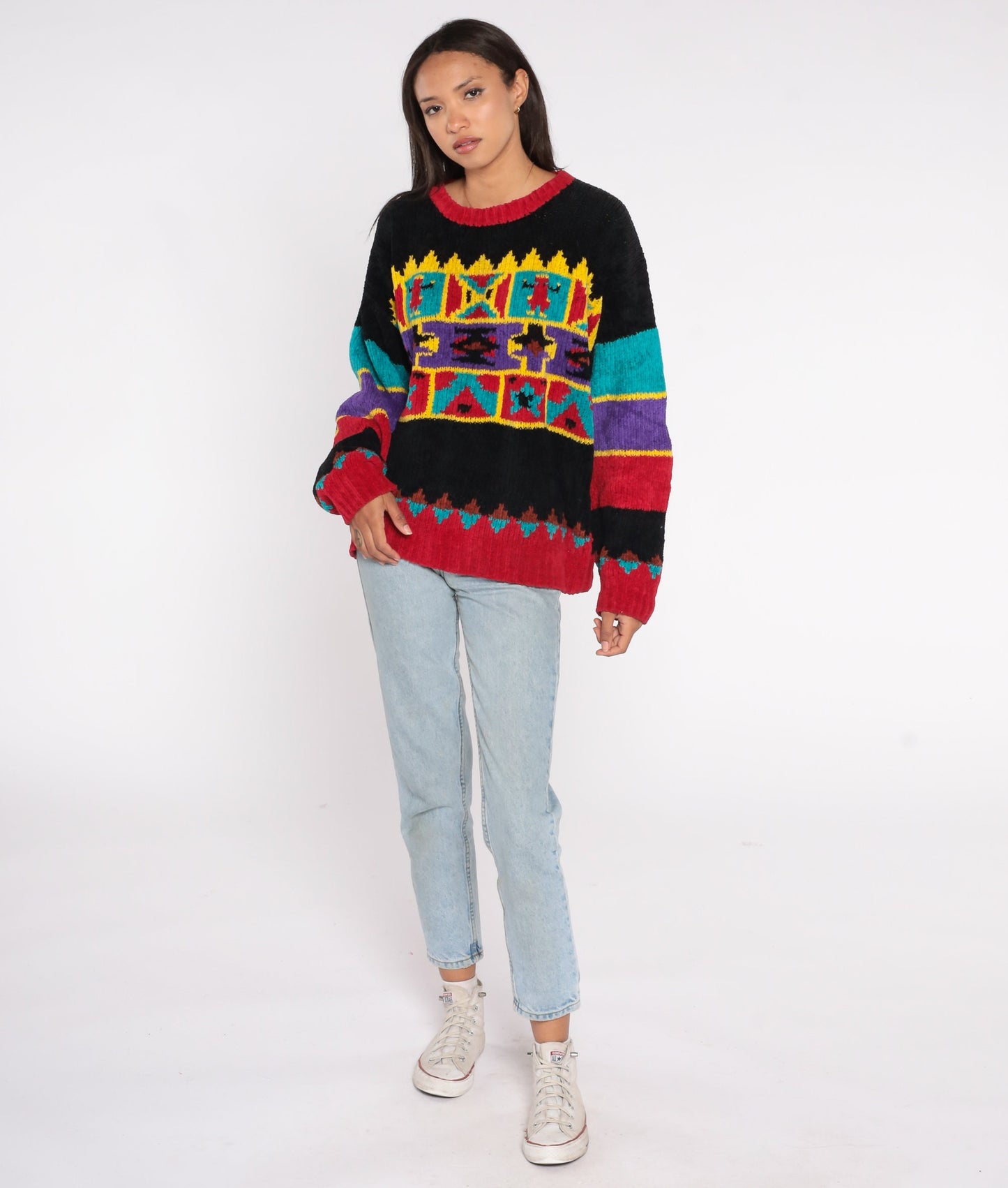 90s Geometric Chenille Sweater Red Black Star People Pullover Extra Large XXL