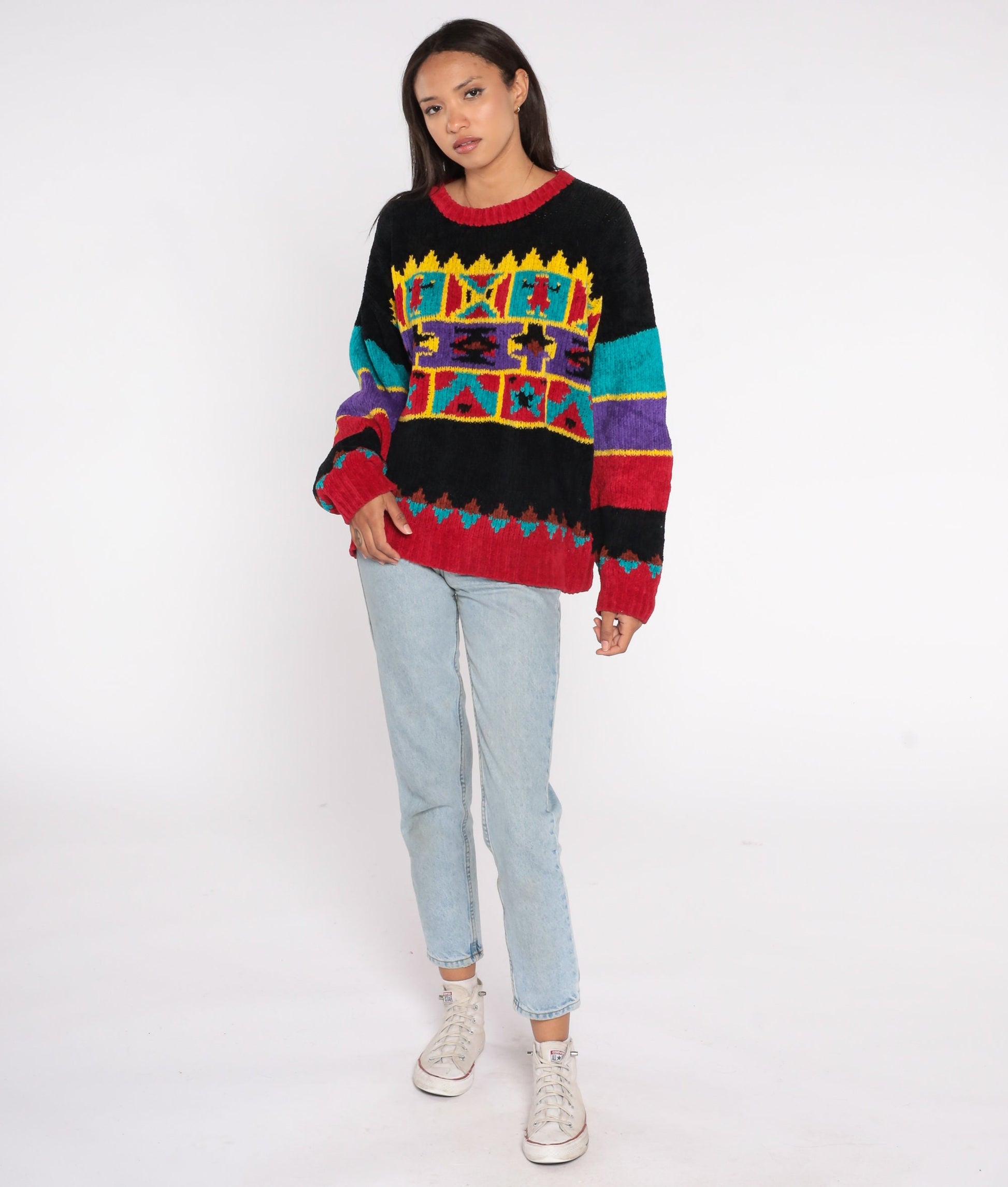 90s Geometric Chenille Sweater Red Black Star People Pullover Extra Large XXL