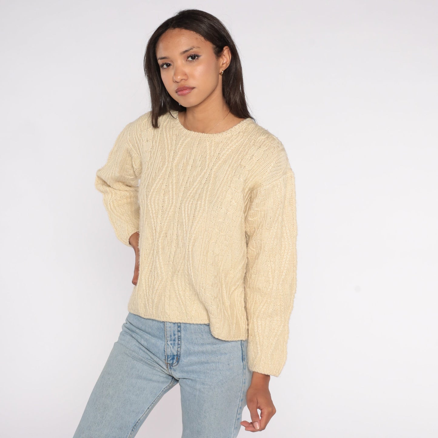 00s LL Bean Cream Wool Cable Knit Crewneck Sweater Extra Small XS