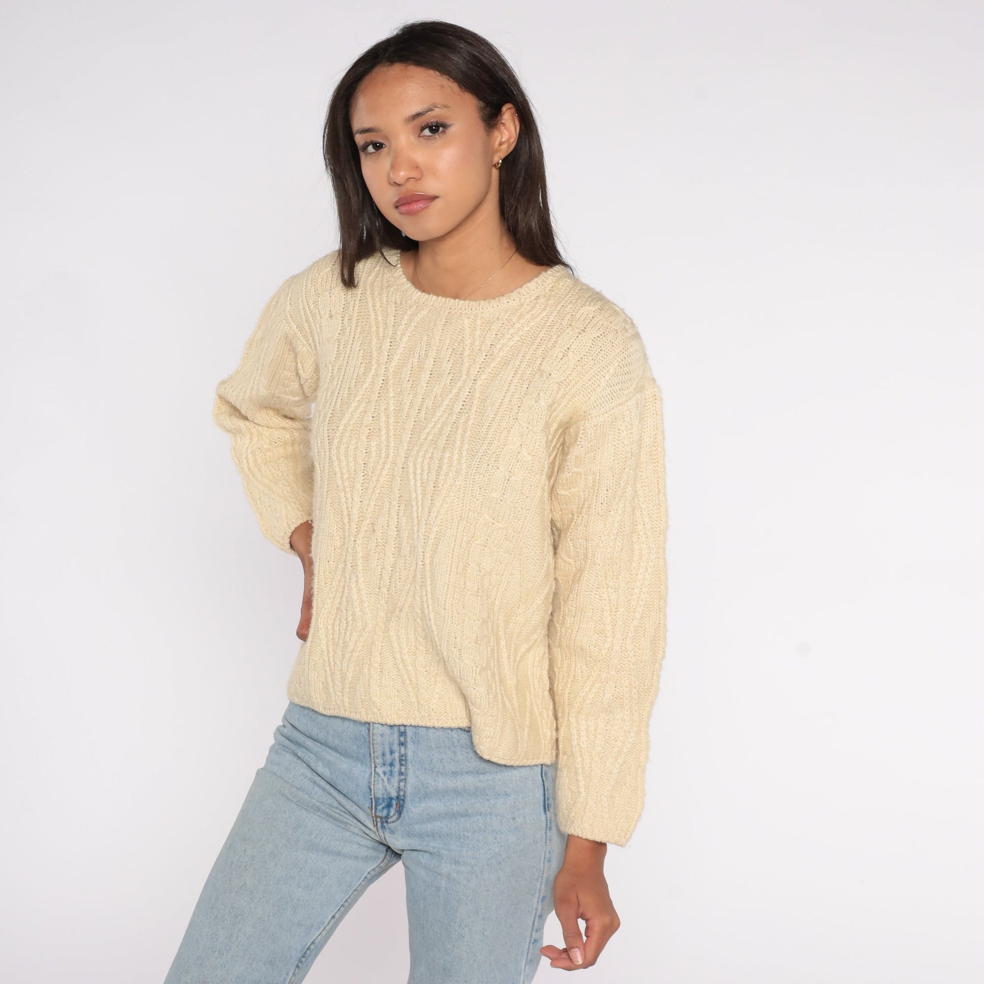 00s LL Bean Cream Wool Cable Knit Crewneck Sweater Extra Small XS