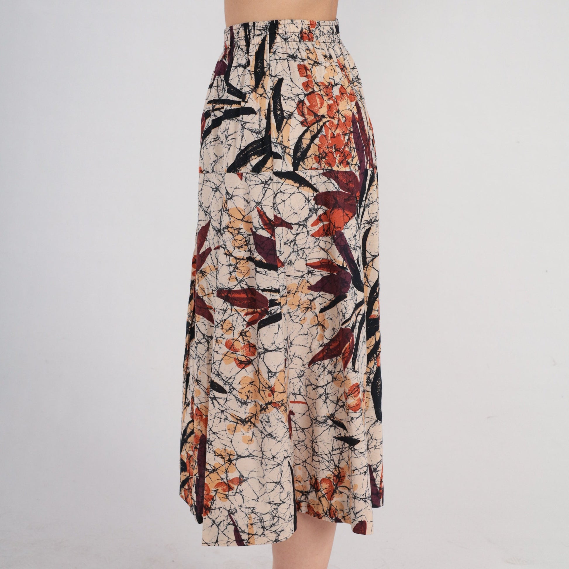 80s Tan Floral Leaf Print Midi Skirt Button Front High Waist Small Medium
