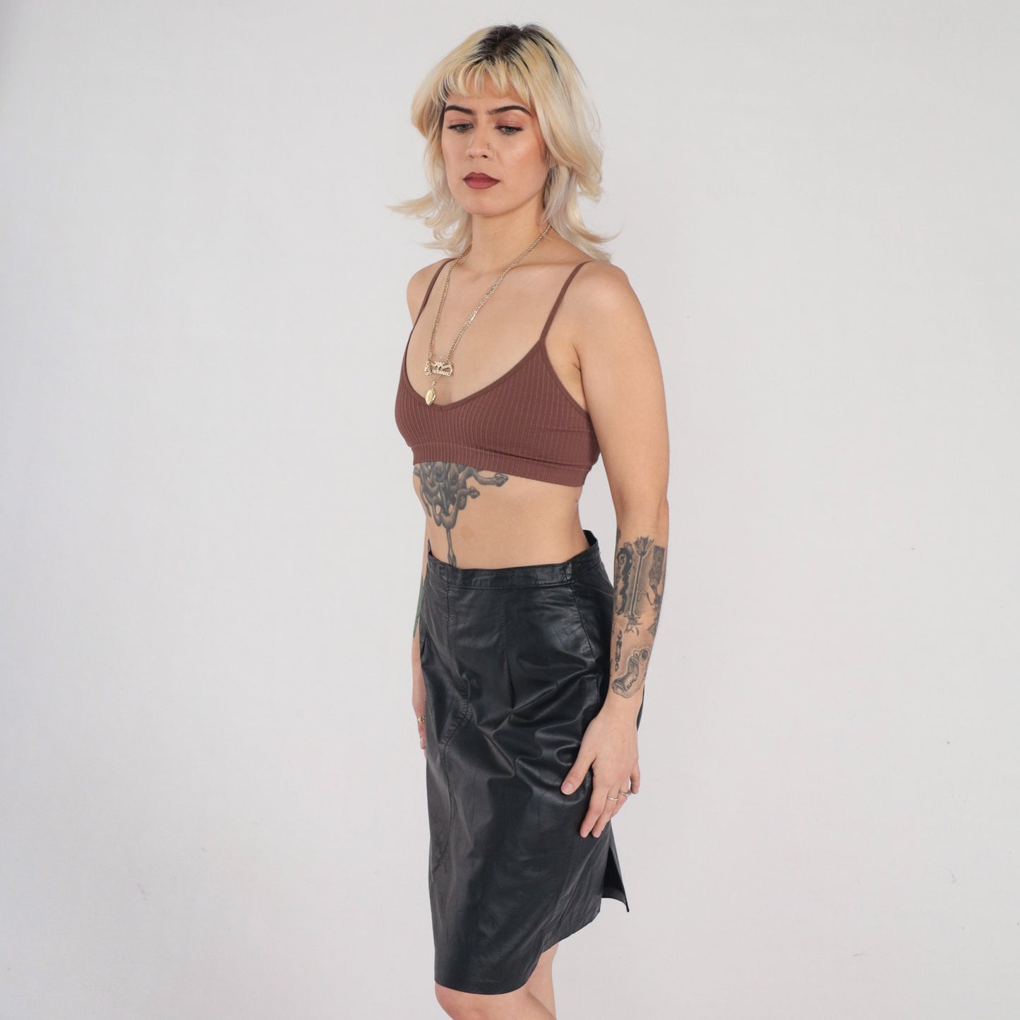 90s Black Leather Mini Pencil Skirt High Rise Small S