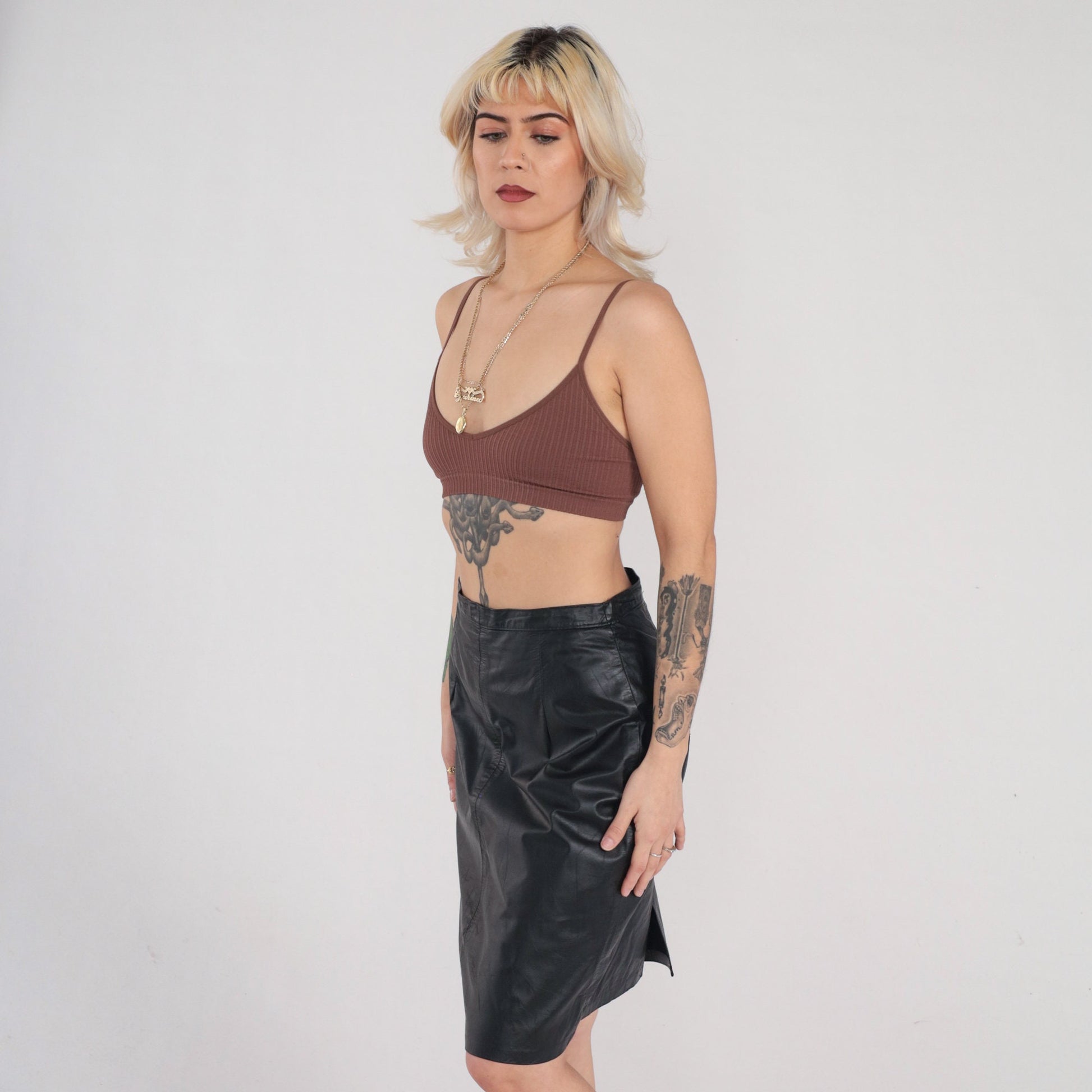 90s Black Leather Mini Pencil Skirt High Rise Small S