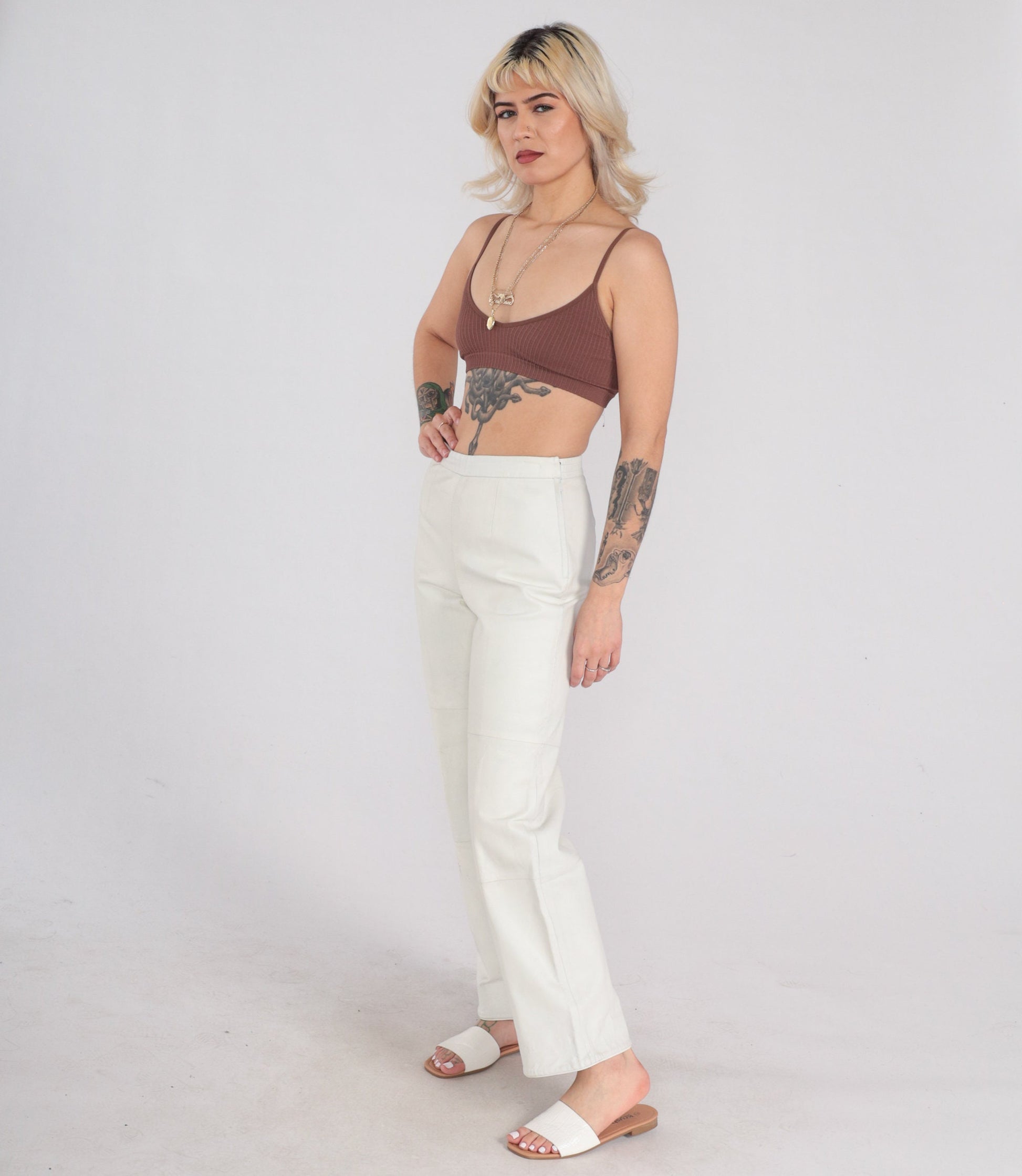 00s Newport News White Leather High-Rise Straight Pants Small