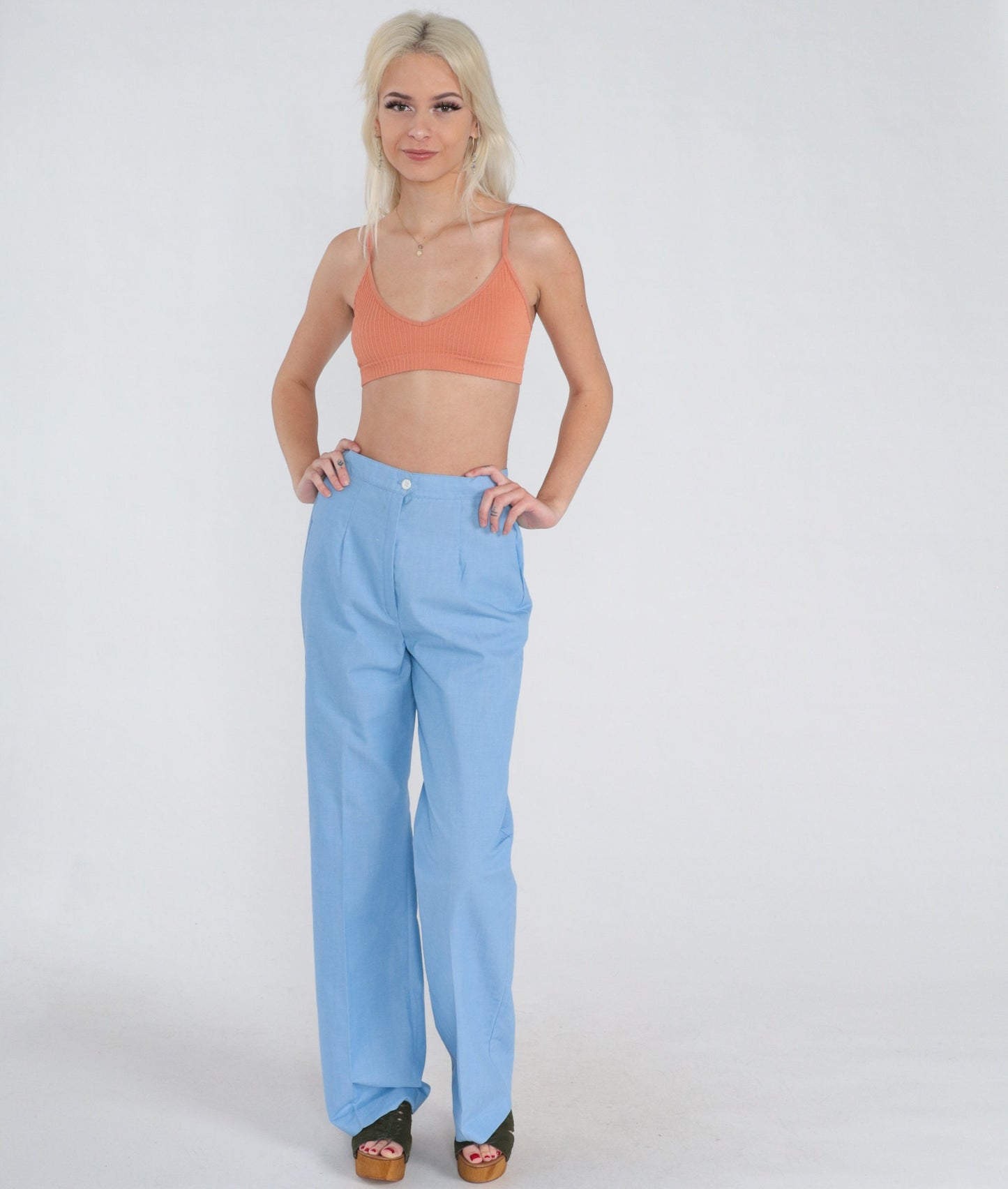 70s Blue High-Waisted Straight Leg Trousers Pleated Crease Small