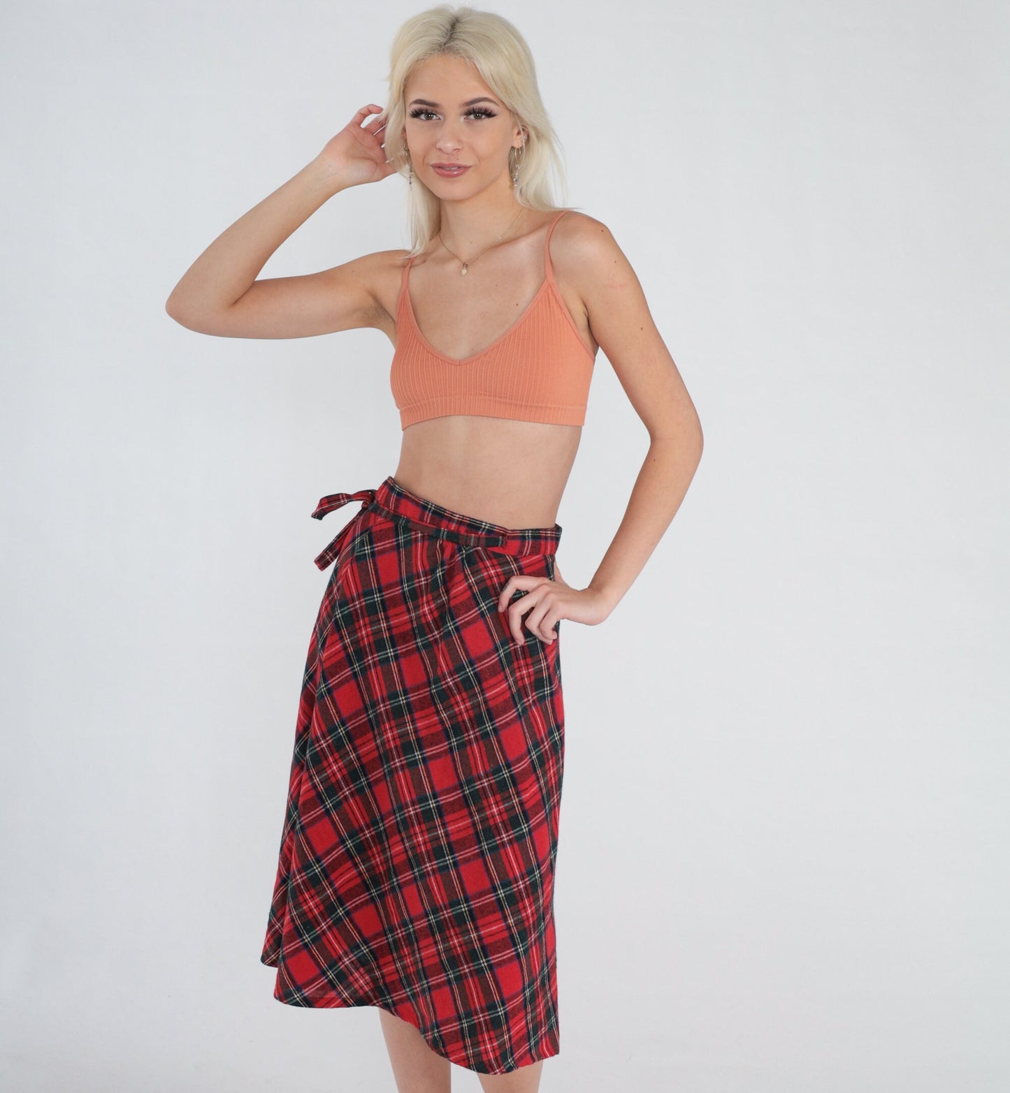 80s Red Plaid Wool Blend Midi Wrap Skirt High Waist Small Medium