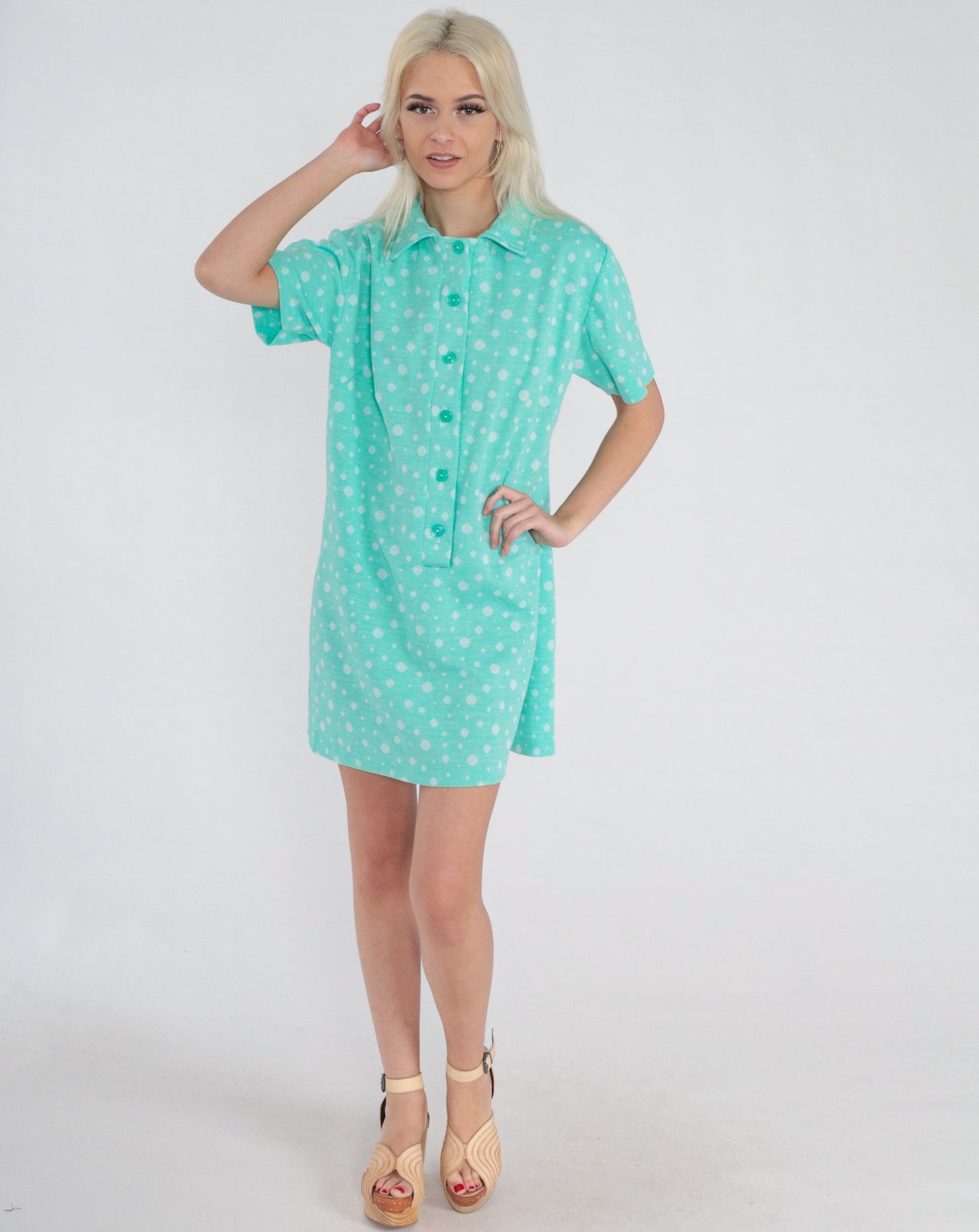 70s Blue-Green Polka Dot Shift Dress Collared Mini Short Sleeve Large L