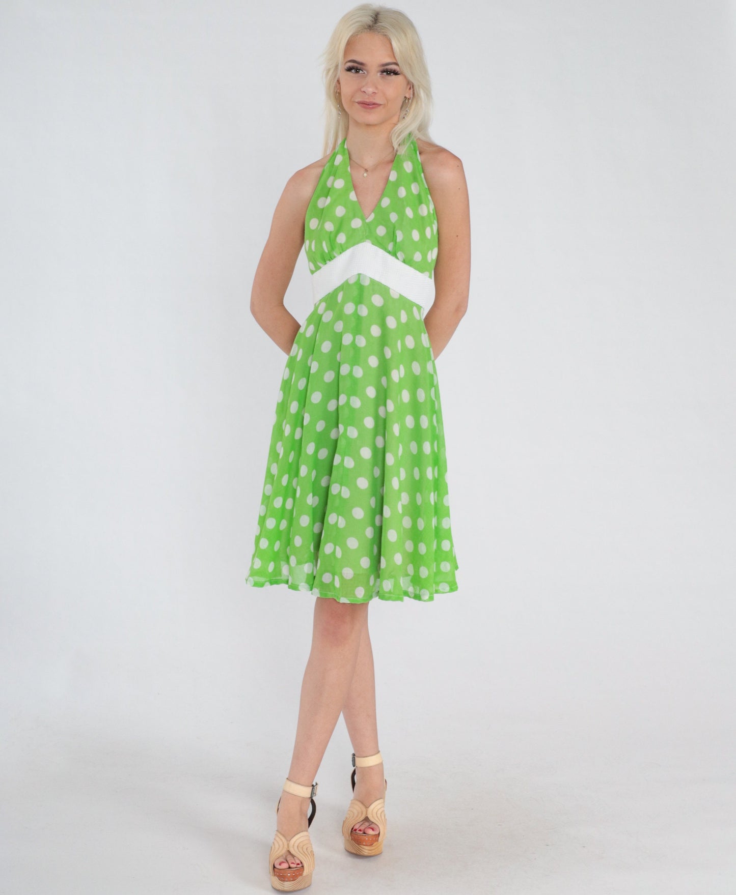 70s Green Polka Dot Halter Mini Dress Empire Waist Low Back Small