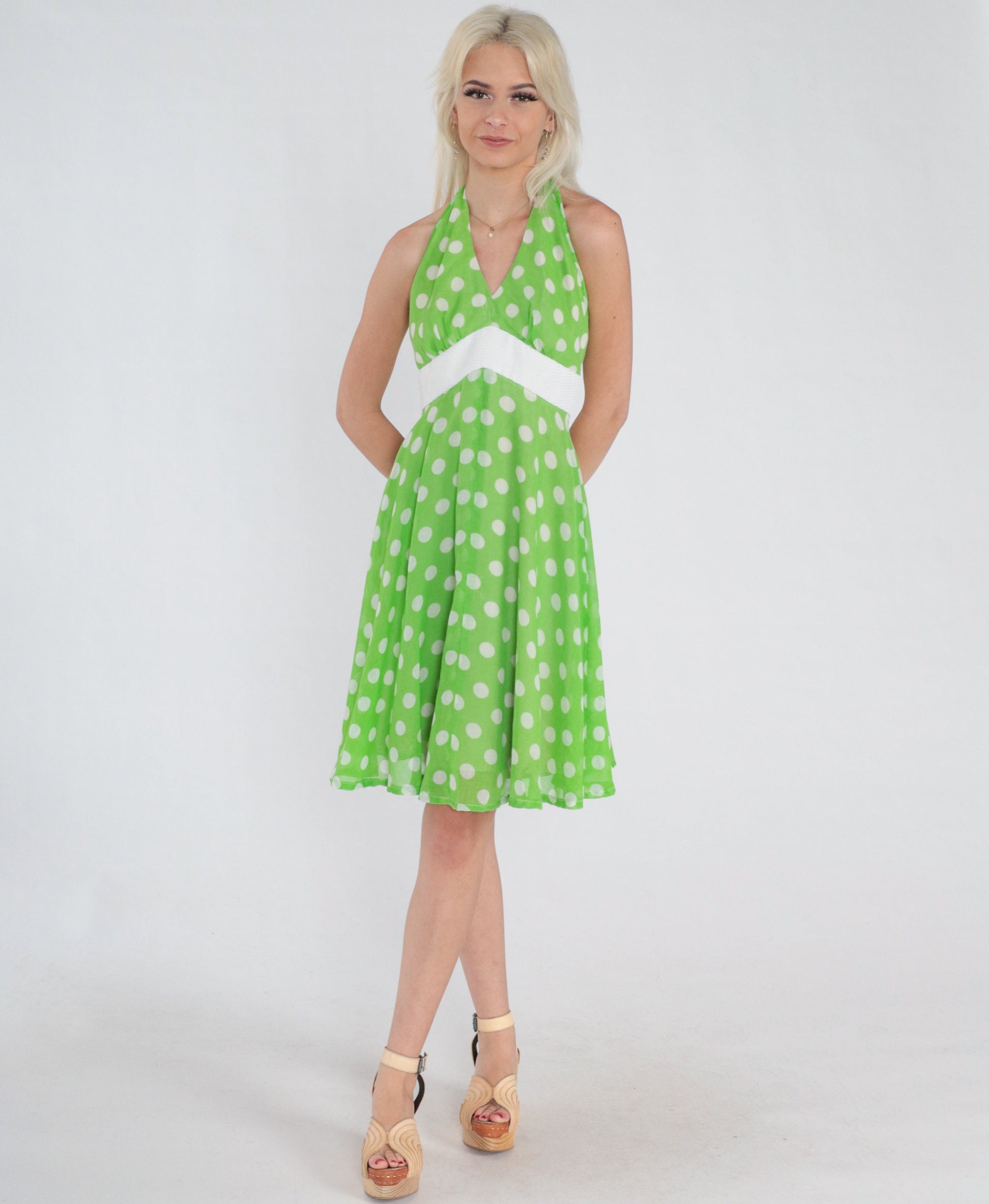 70s Green Polka Dot Halter Mini Dress Empire Waist Low Back Small