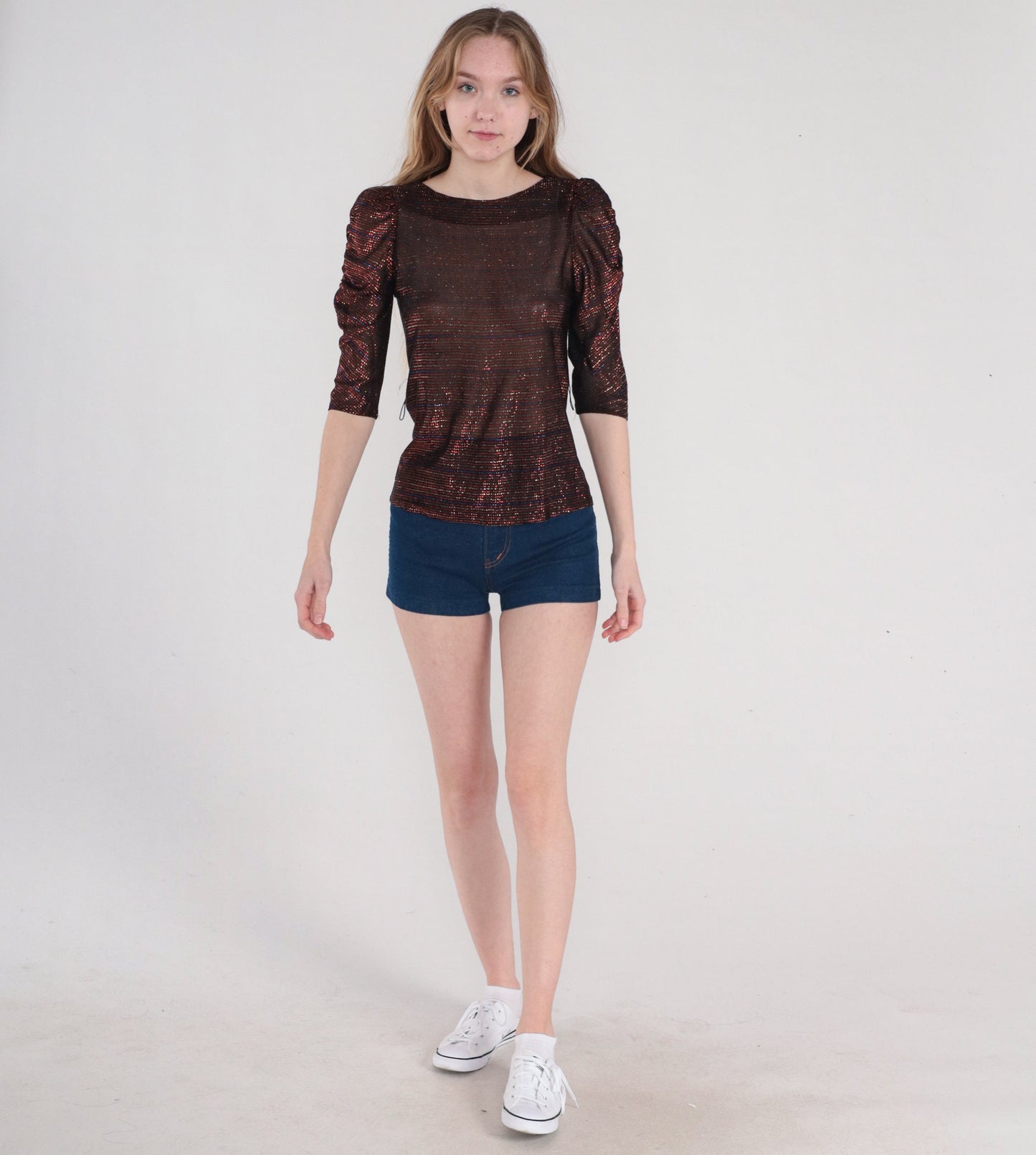 80s Metallic Striped Puff Sleeve Blouse Semi-Sheer Red Blue Black Gold Extra Small