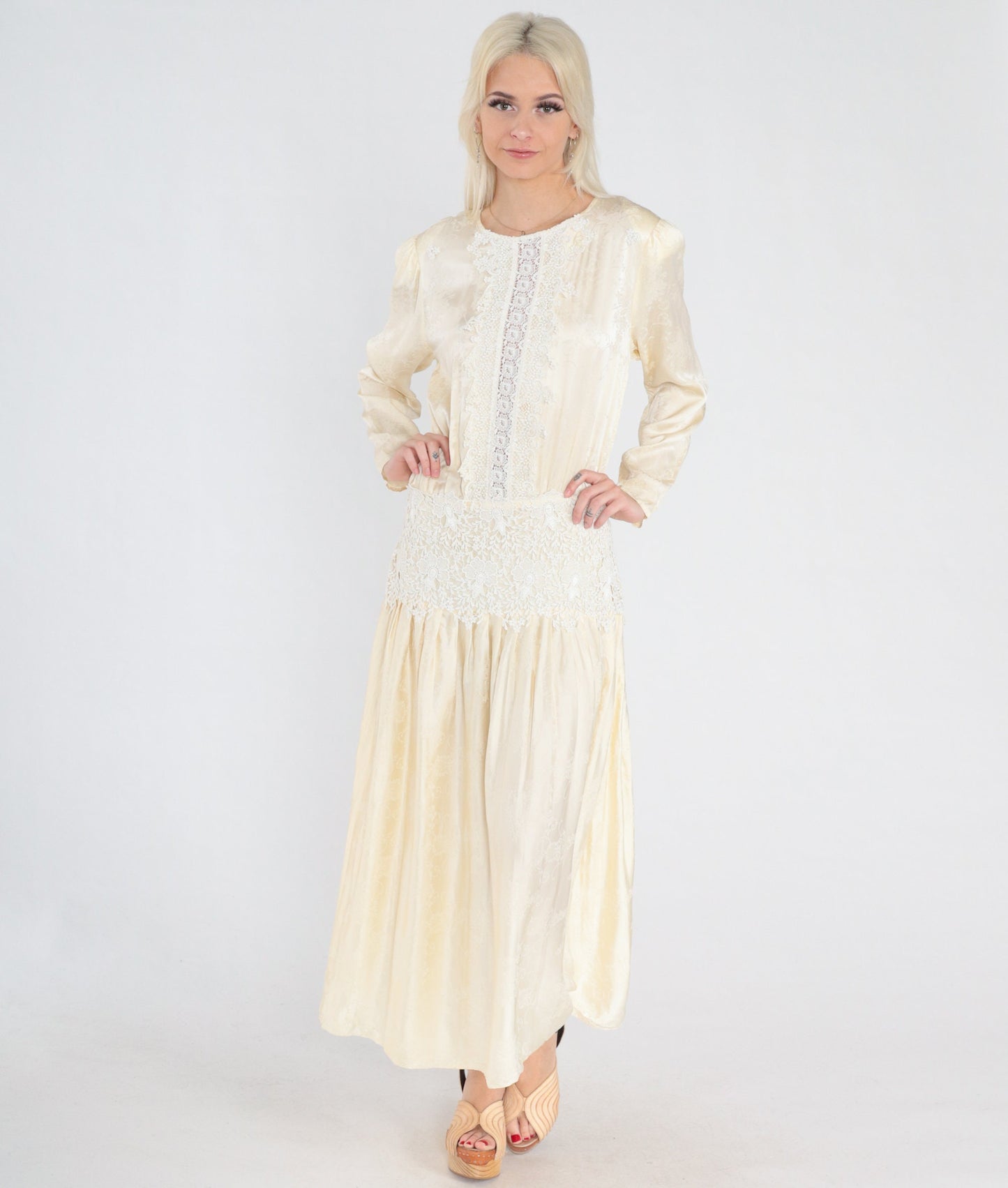 80s Jessica McClintock Cream Silk Midi Dress Embossed Floral Lace Long Sleeve Medium