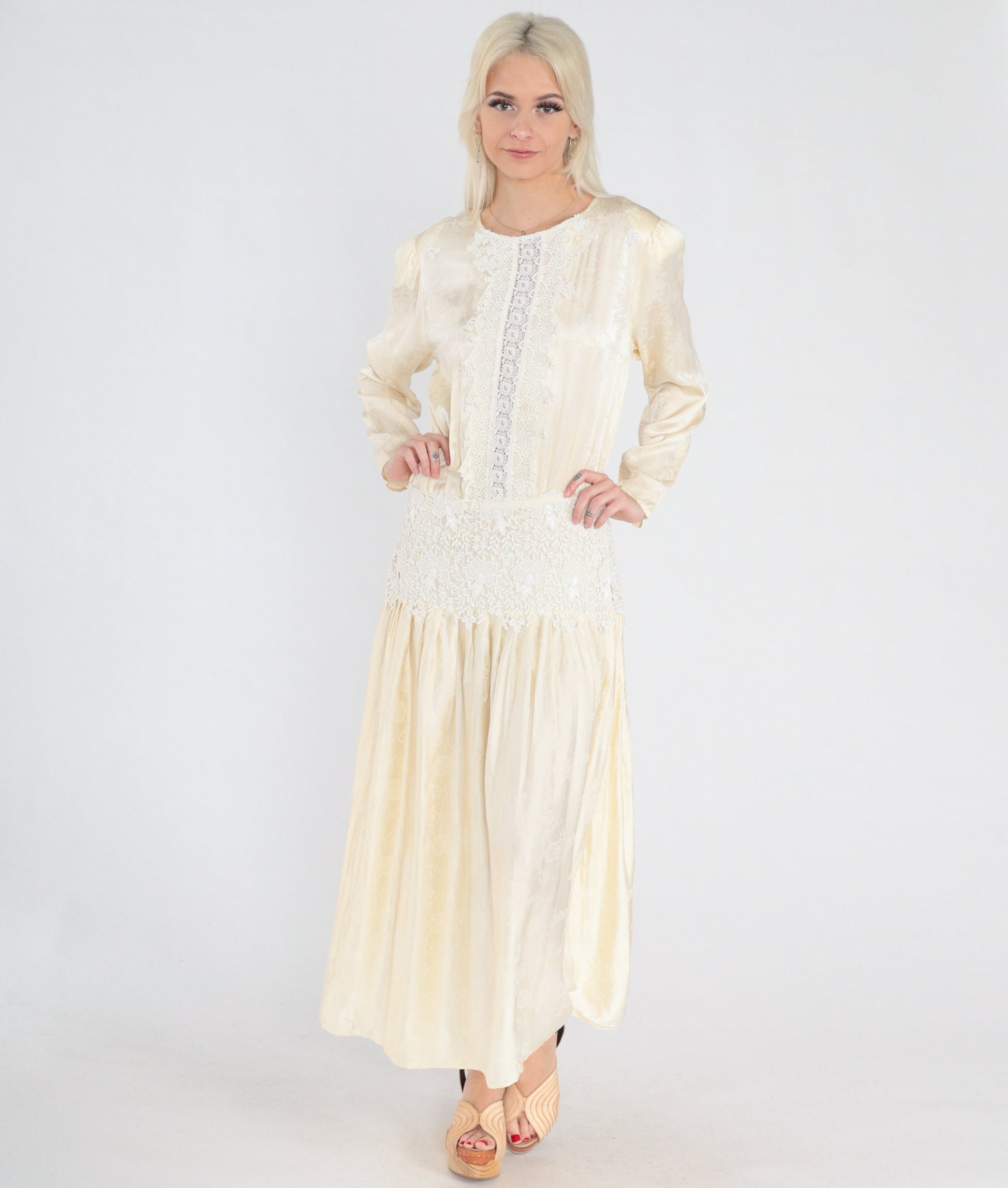 80s Jessica McClintock Cream Silk Midi Dress Embossed Floral Lace Long Sleeve Medium