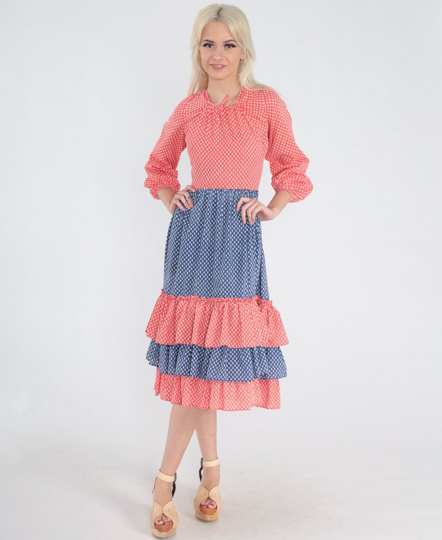 70s Calico Floral Midi Dress Red Blue Tiered 3/4 Sleeve XXS
