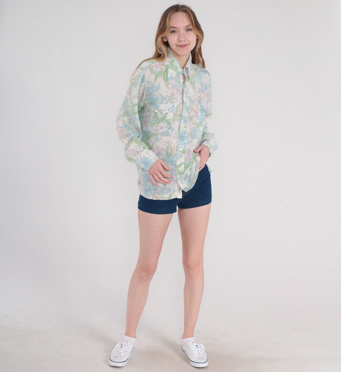 70s Botanical Floral Button-Up Shirt Fern Leaf Print Long Sleeve Large L