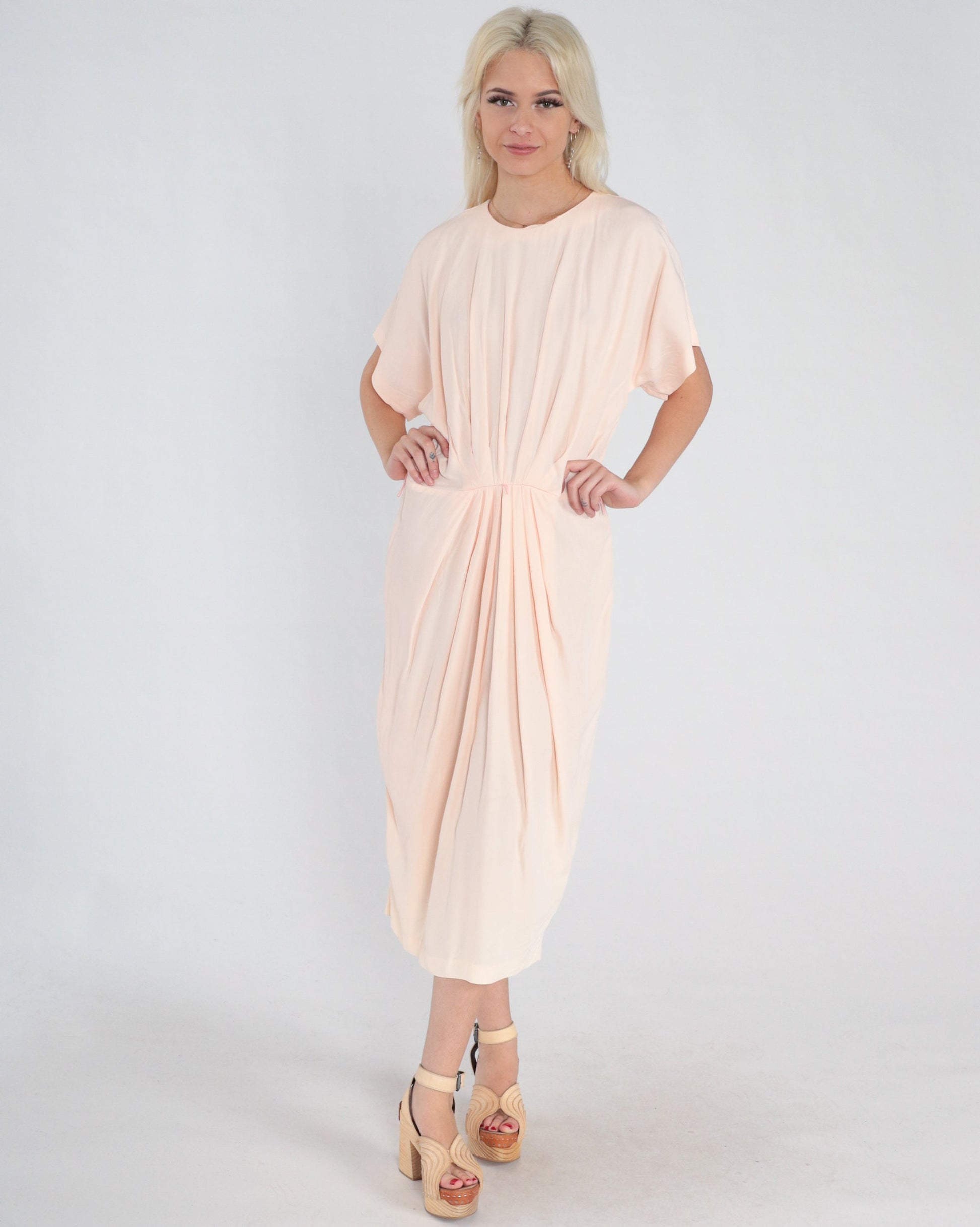 80s Pale Pink Pleated Midi Dress Short Sleeve Cocoon Acetate Medium Large