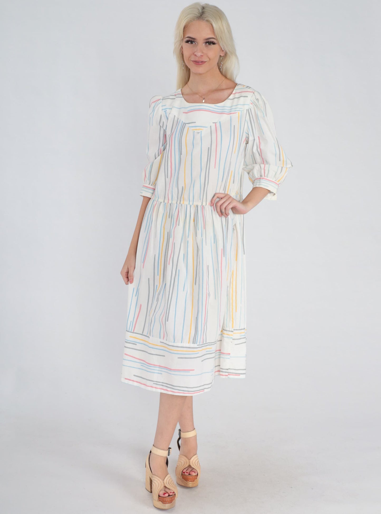 80s Striped Midi Dress Puff Sleeve White Multicolor High Waist Large L