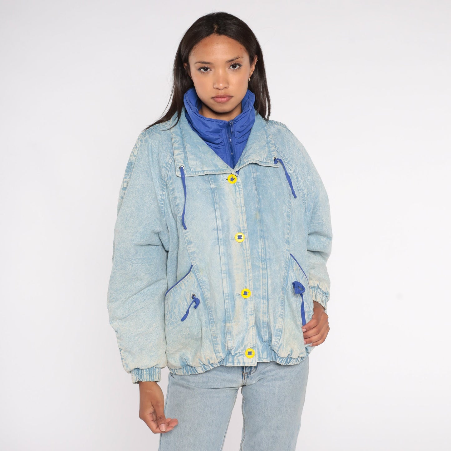 90s Acid Wash Denim Puffer Jacket Blue Funnel Neck Button Up Small S