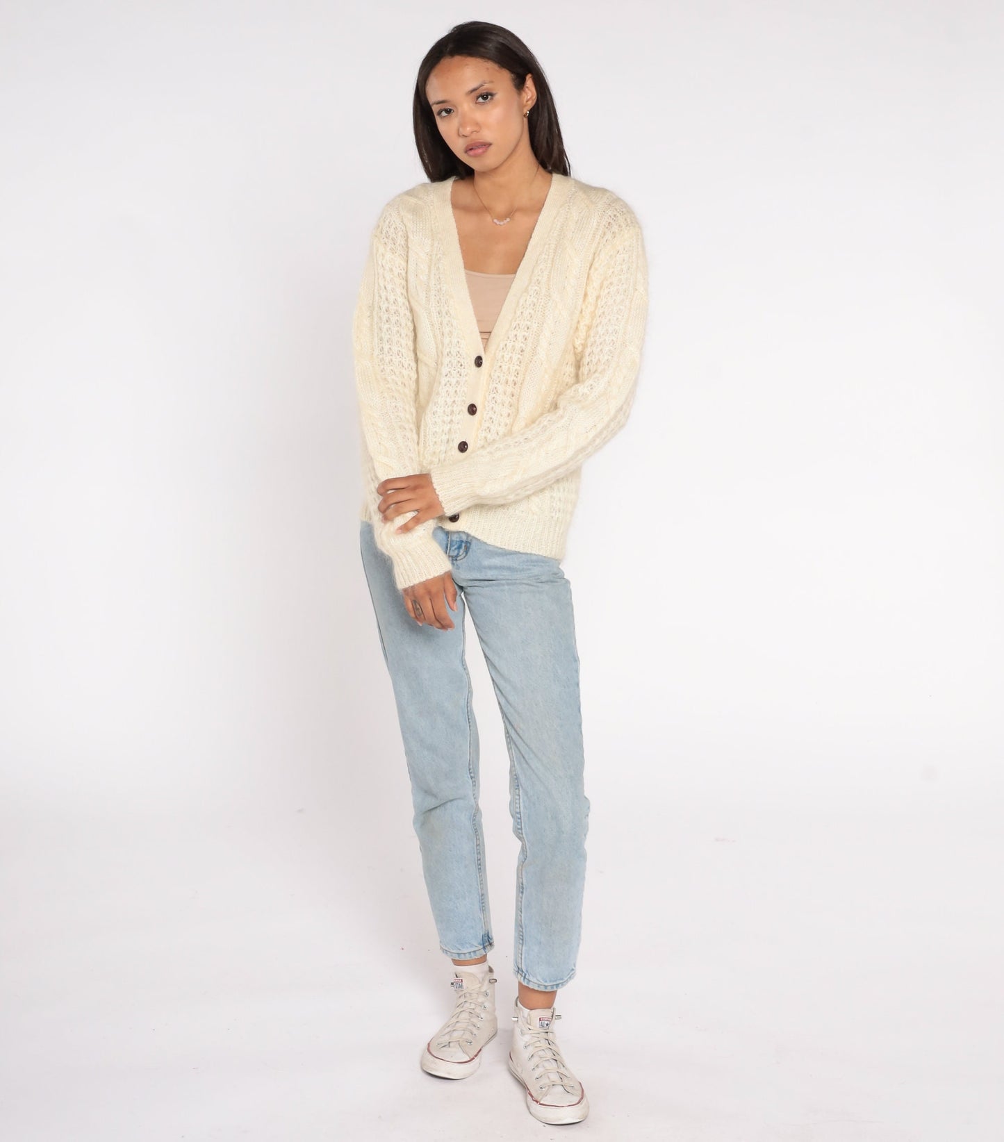 90s Karen Scott Cable Knit Cardigan Cream Wool Mohair V Neck Medium