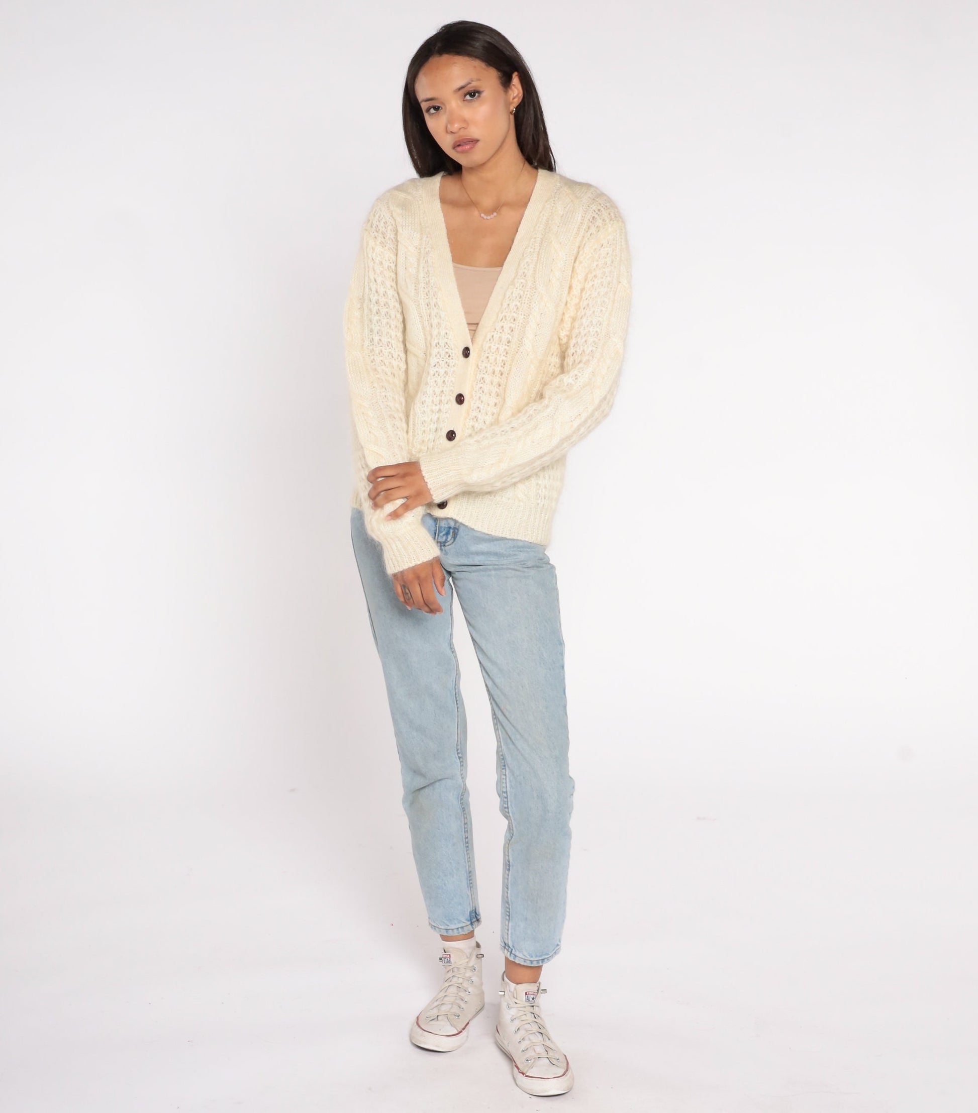 90s Karen Scott Cable Knit Cardigan Cream Wool Mohair V Neck Medium