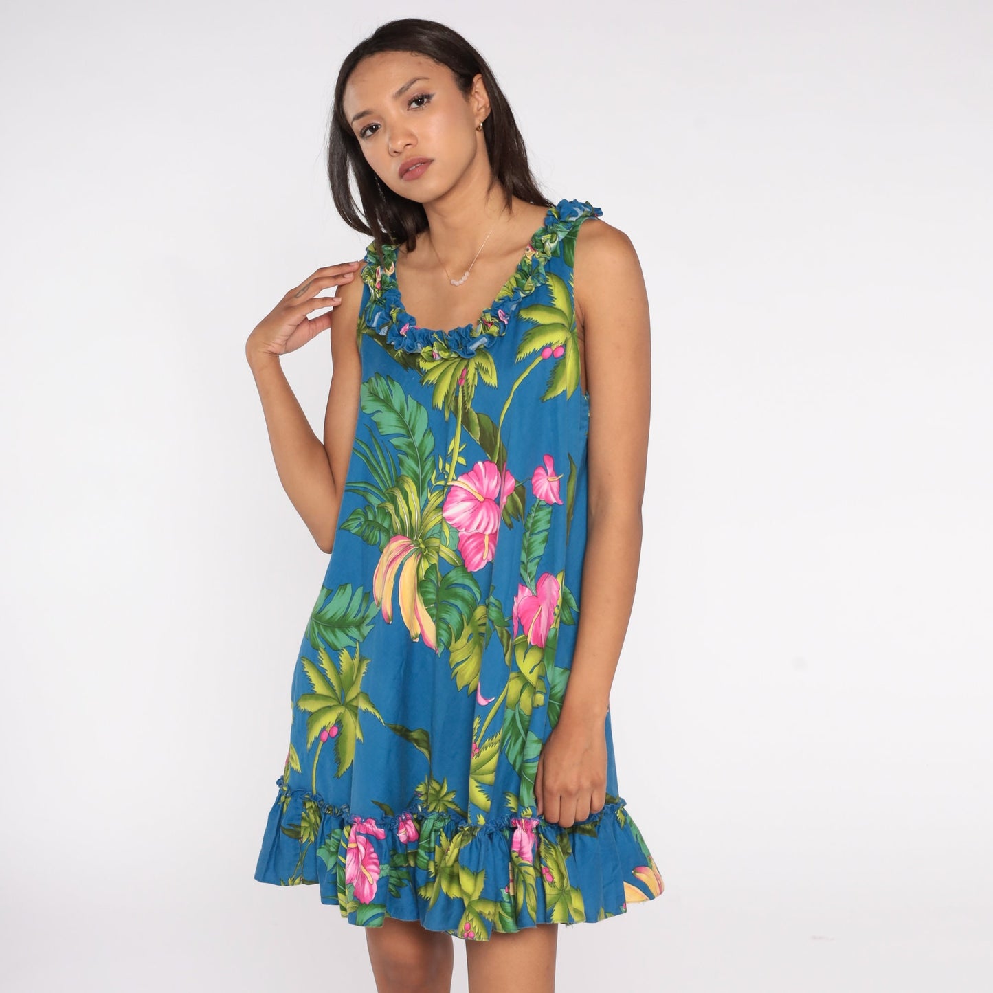 Y2K Tropical Floral Banana Mini Dress Sleeveless Ruffled Trim Green Blue Pink Large