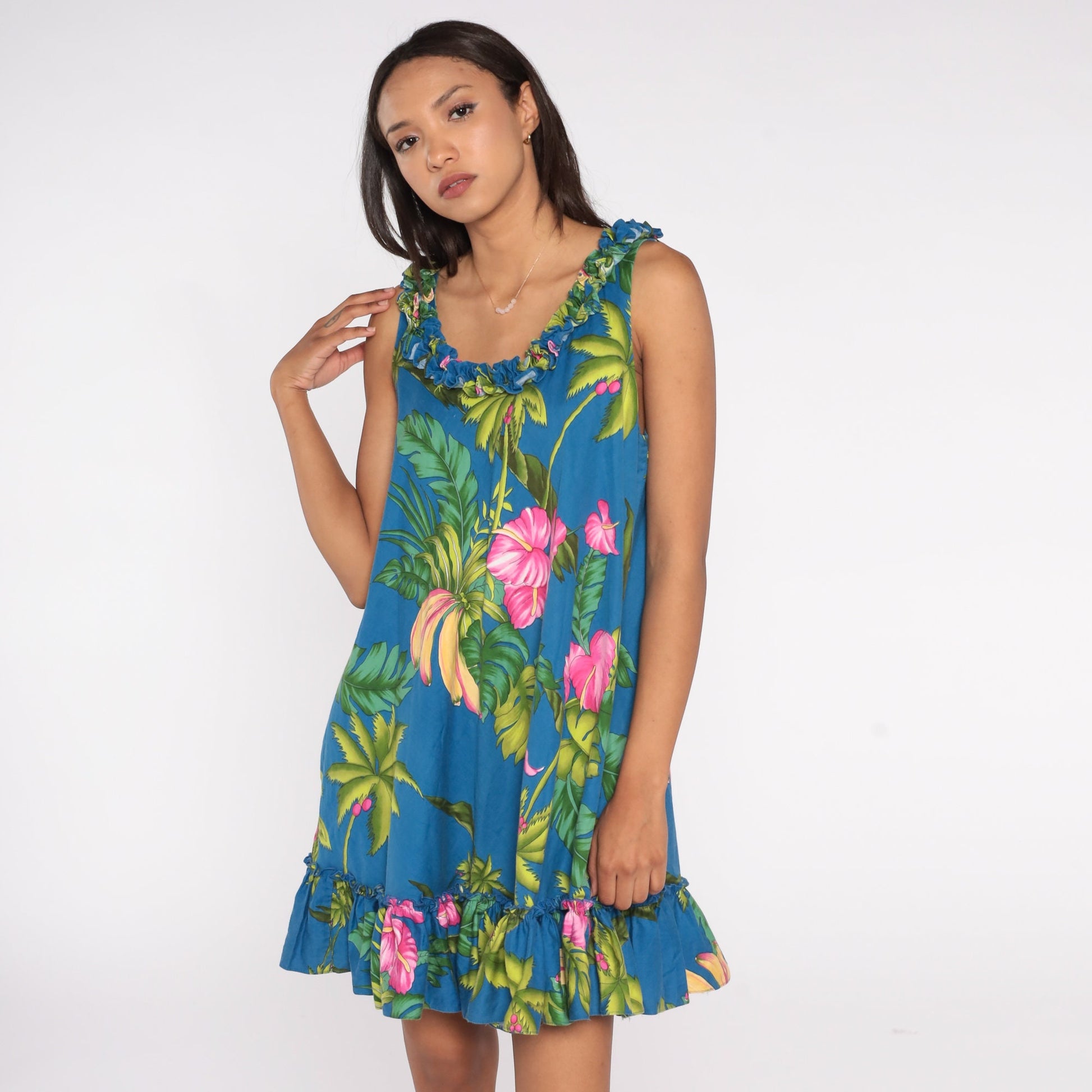 Y2K Tropical Floral Banana Mini Dress Sleeveless Ruffled Trim Green Blue Pink Large