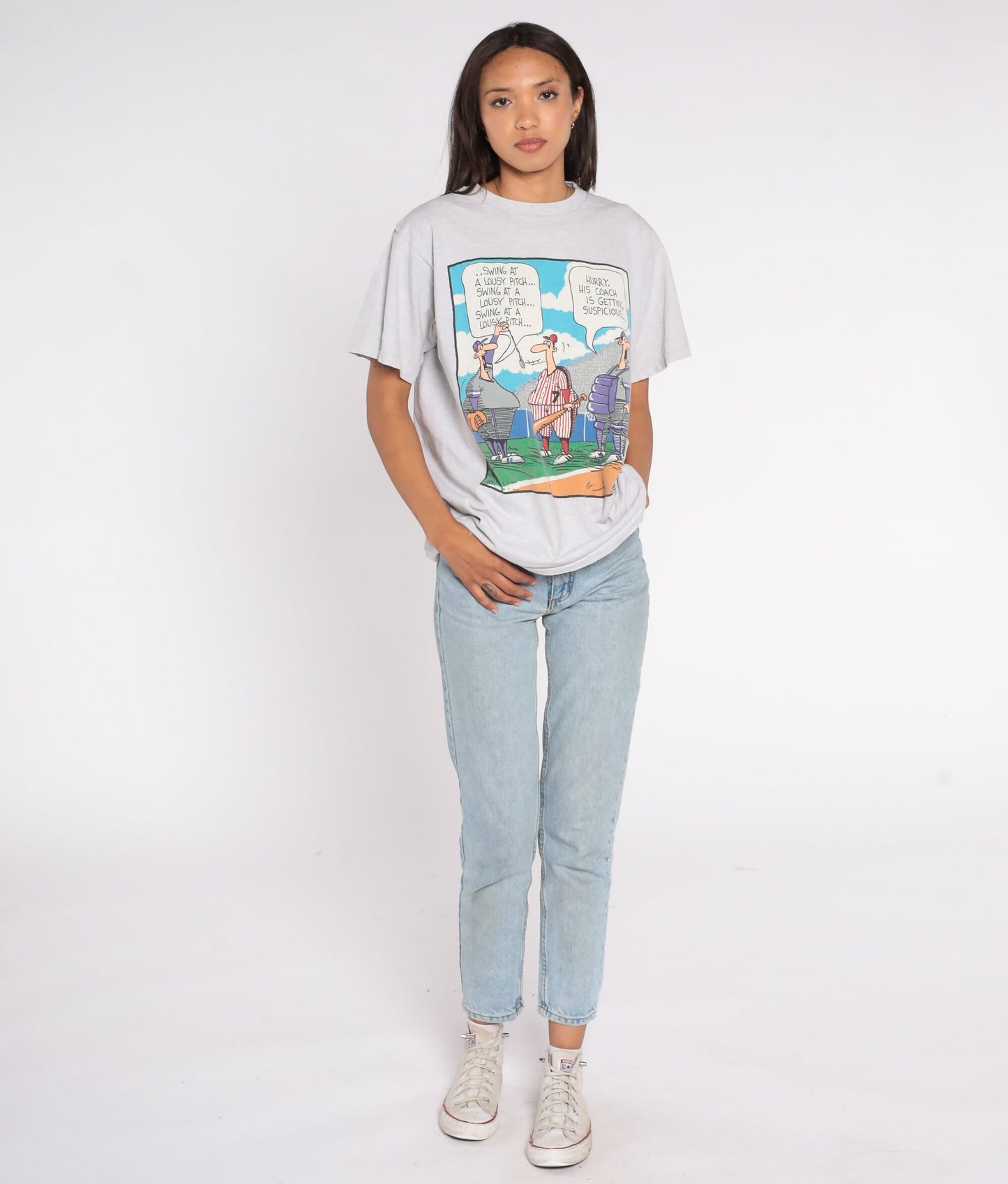 90s In The Bleachers Baseball Comic Graphic T-Shirt Grey Large