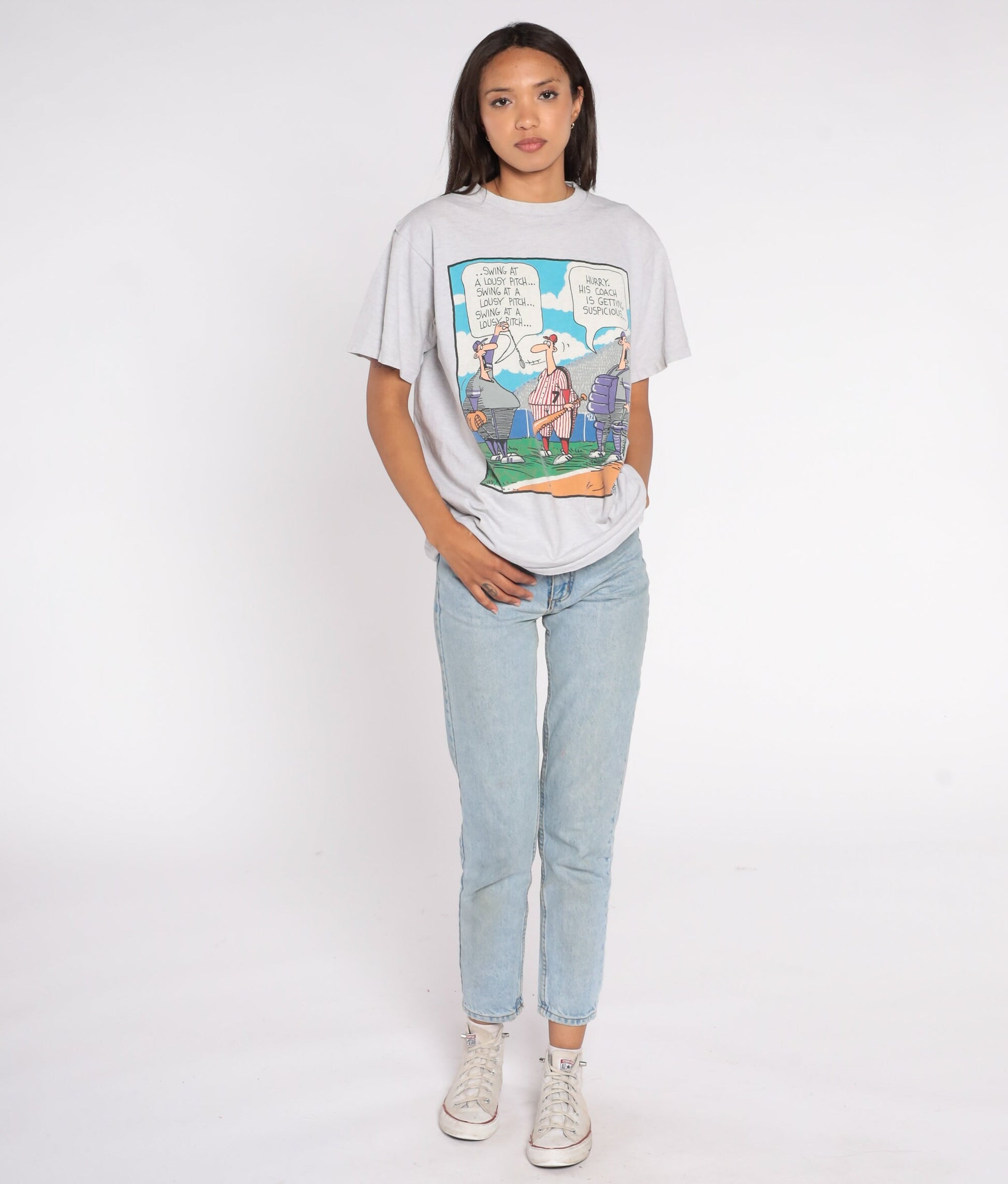90s In The Bleachers Baseball Comic Graphic T-Shirt Grey Large