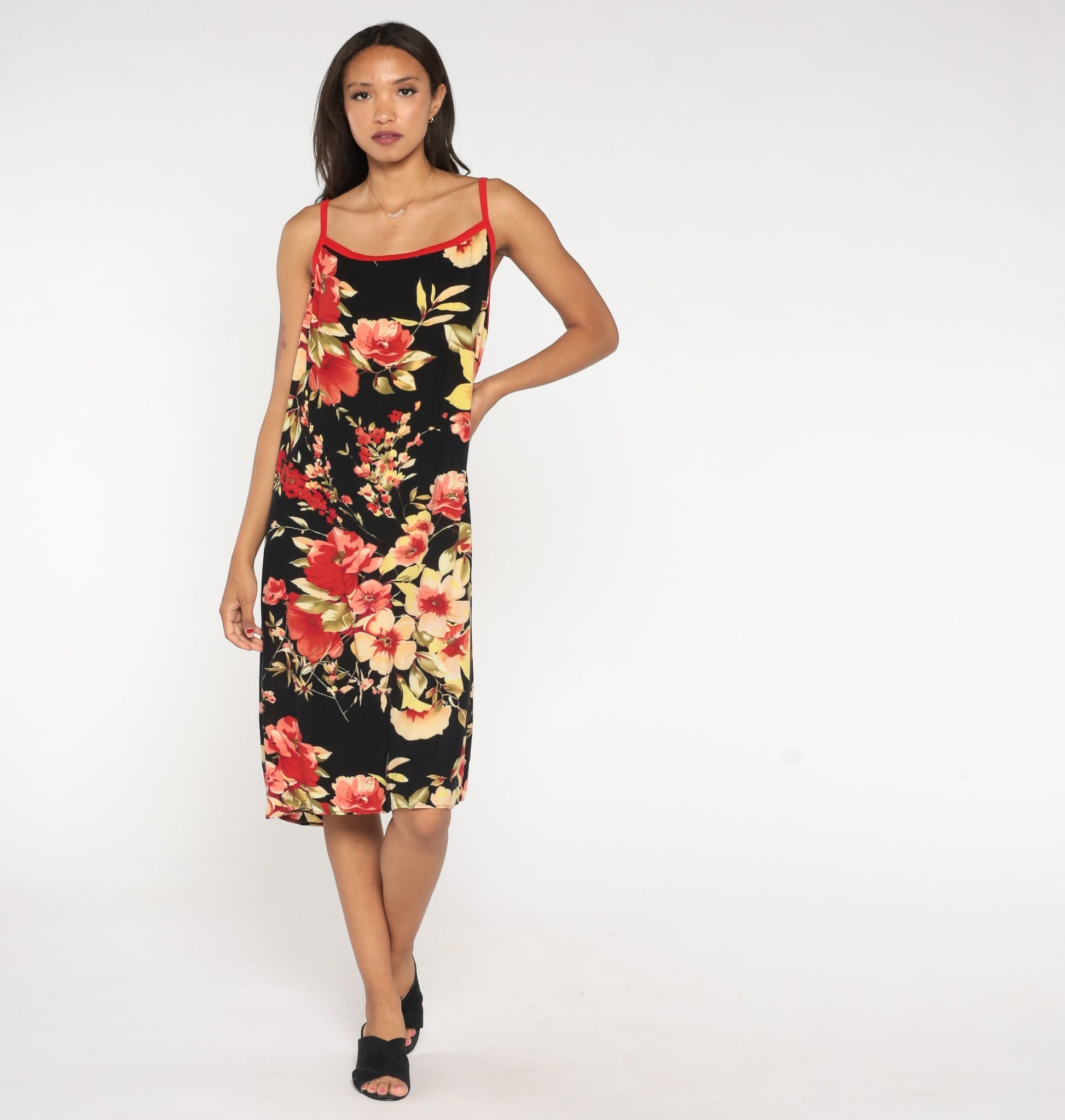 Y2K Hawaiian Floral Midi Dress Black Spaghetti Strap Tropical Print Large L