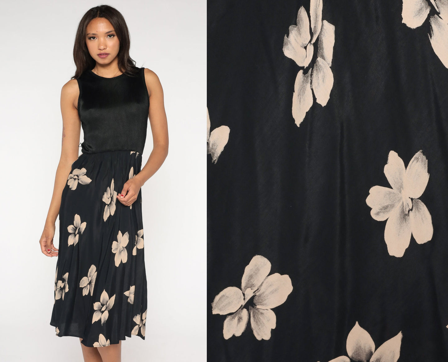 90s Black Floral Midi Dress Ribbed High Waist Sleeveless Small Medium