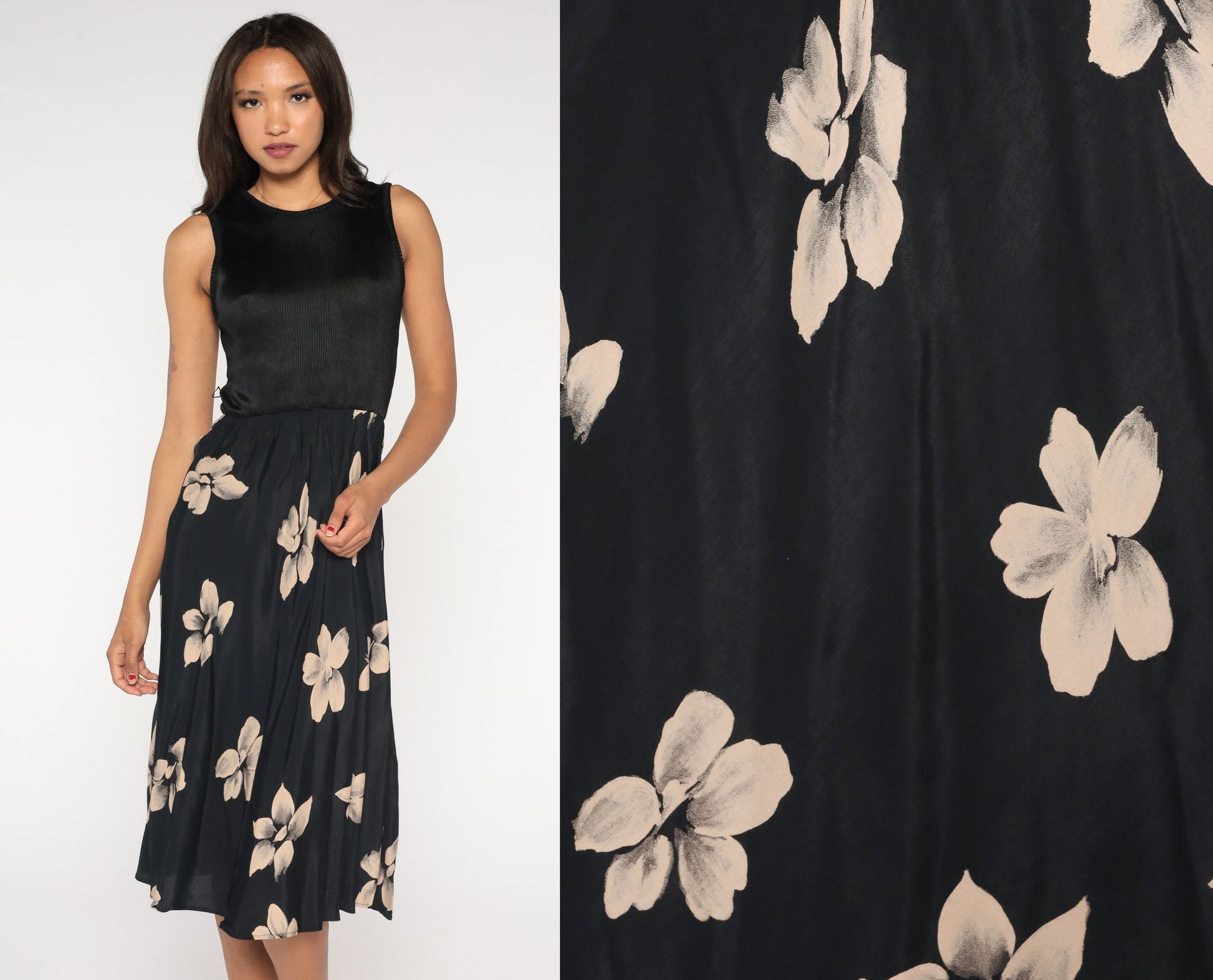 90s Black Floral Midi Dress Ribbed High Waist Sleeveless Small Medium