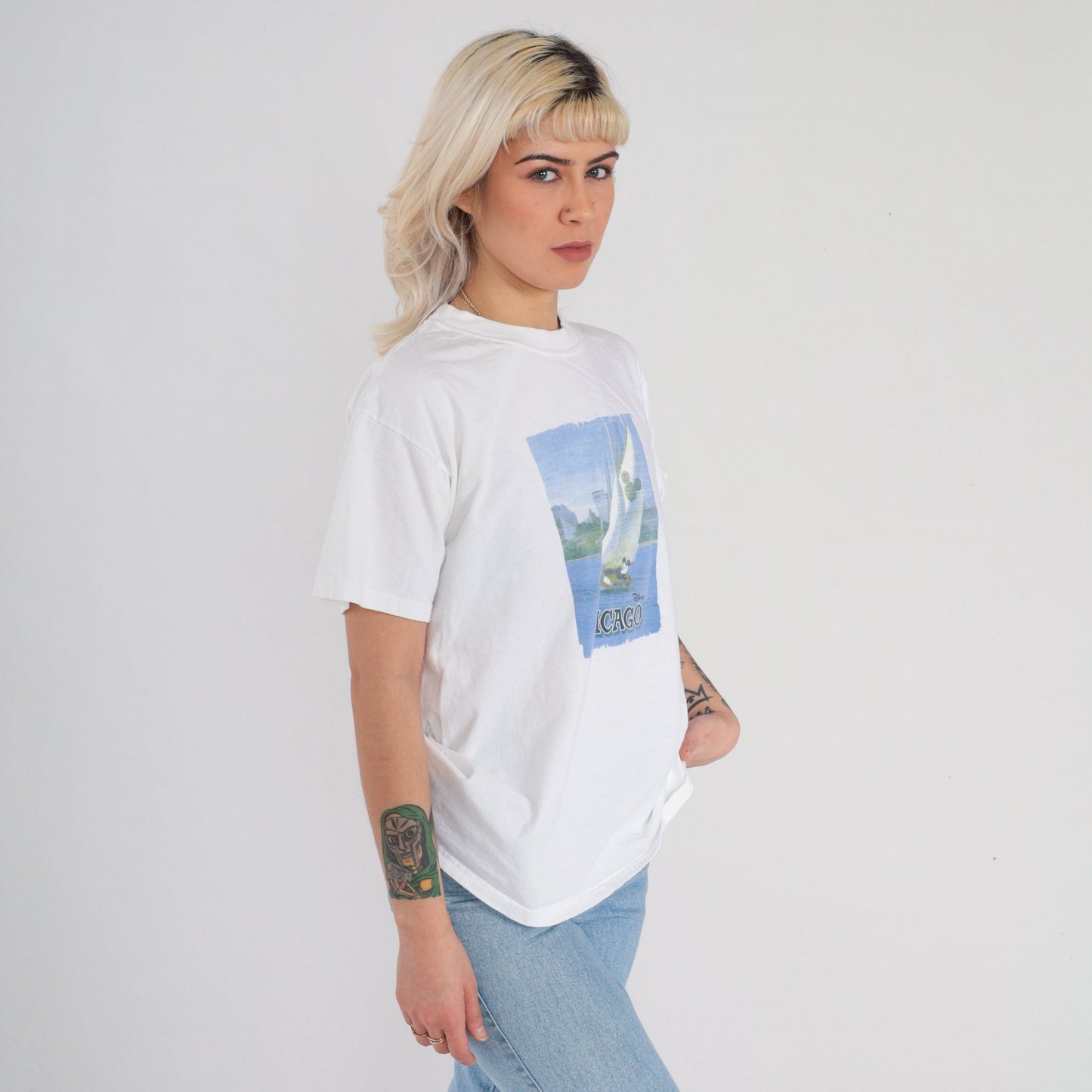 Y2K Disney Chicago Mickey Sailboat Graphic Tee White Cotton Medium M
