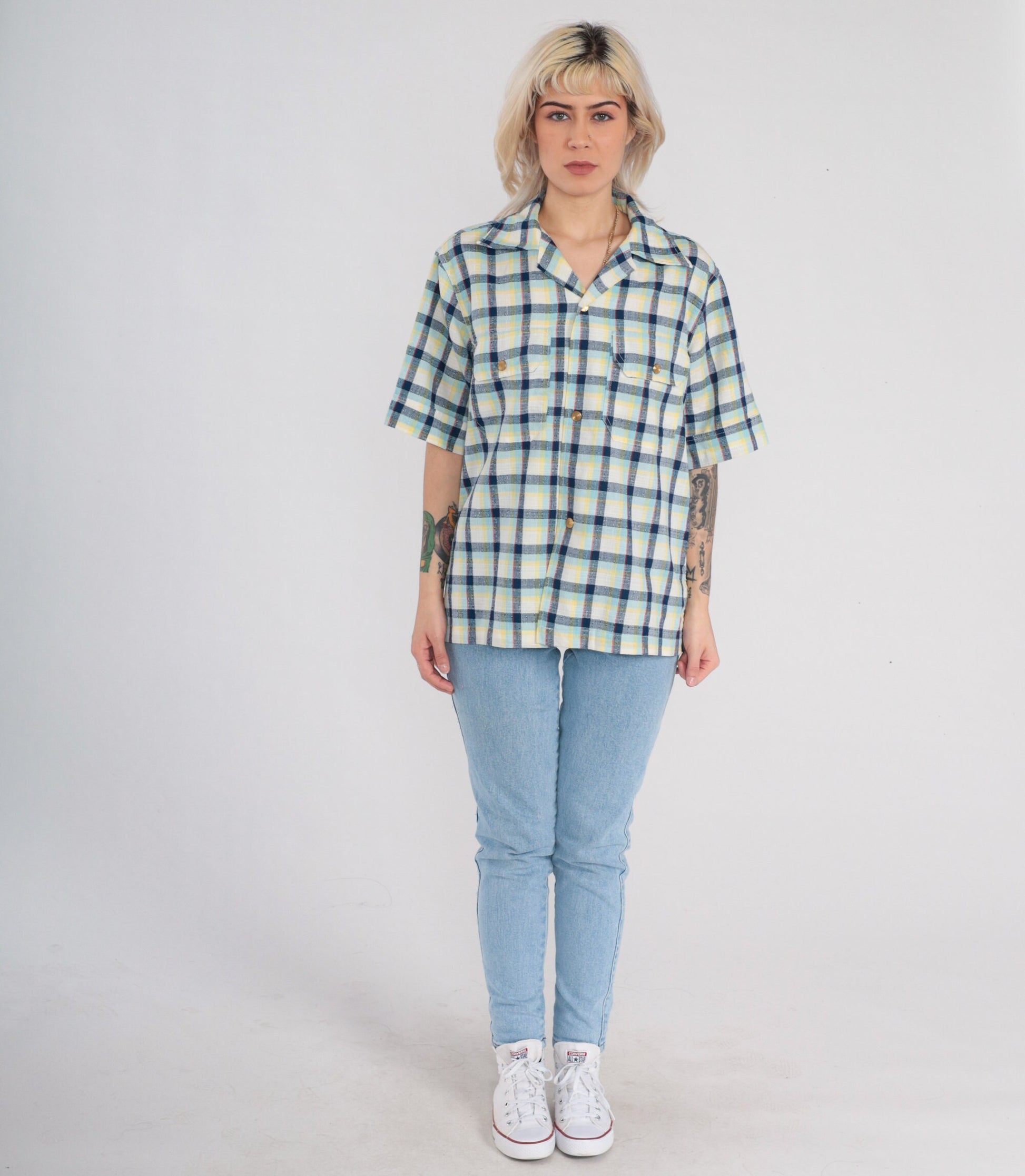 70s Checkered Button Up Shirt Gold Buttons Chest Pockets Medium