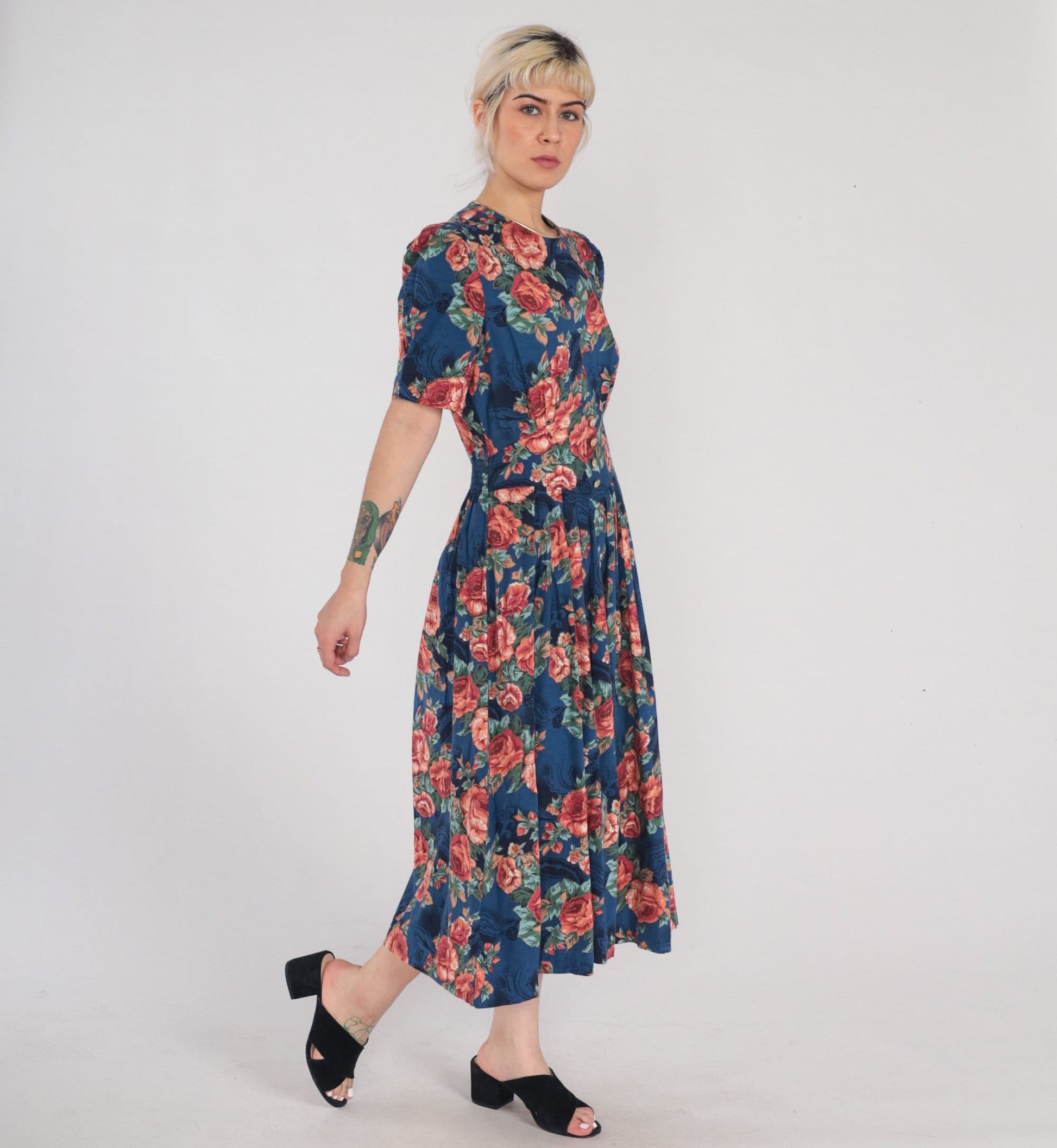 90s Navy Floral Midi Dress Puff Sleeve High Basque Waist Rose Print Medium M