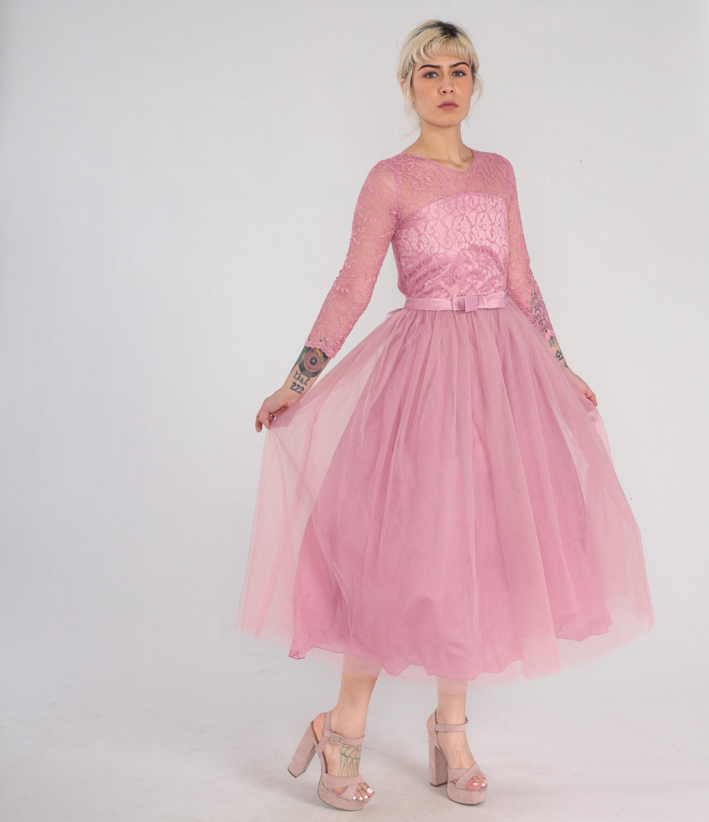 1960s Pink Lace Tulle Midi Dress High Waist Illusion Neckline XXS
