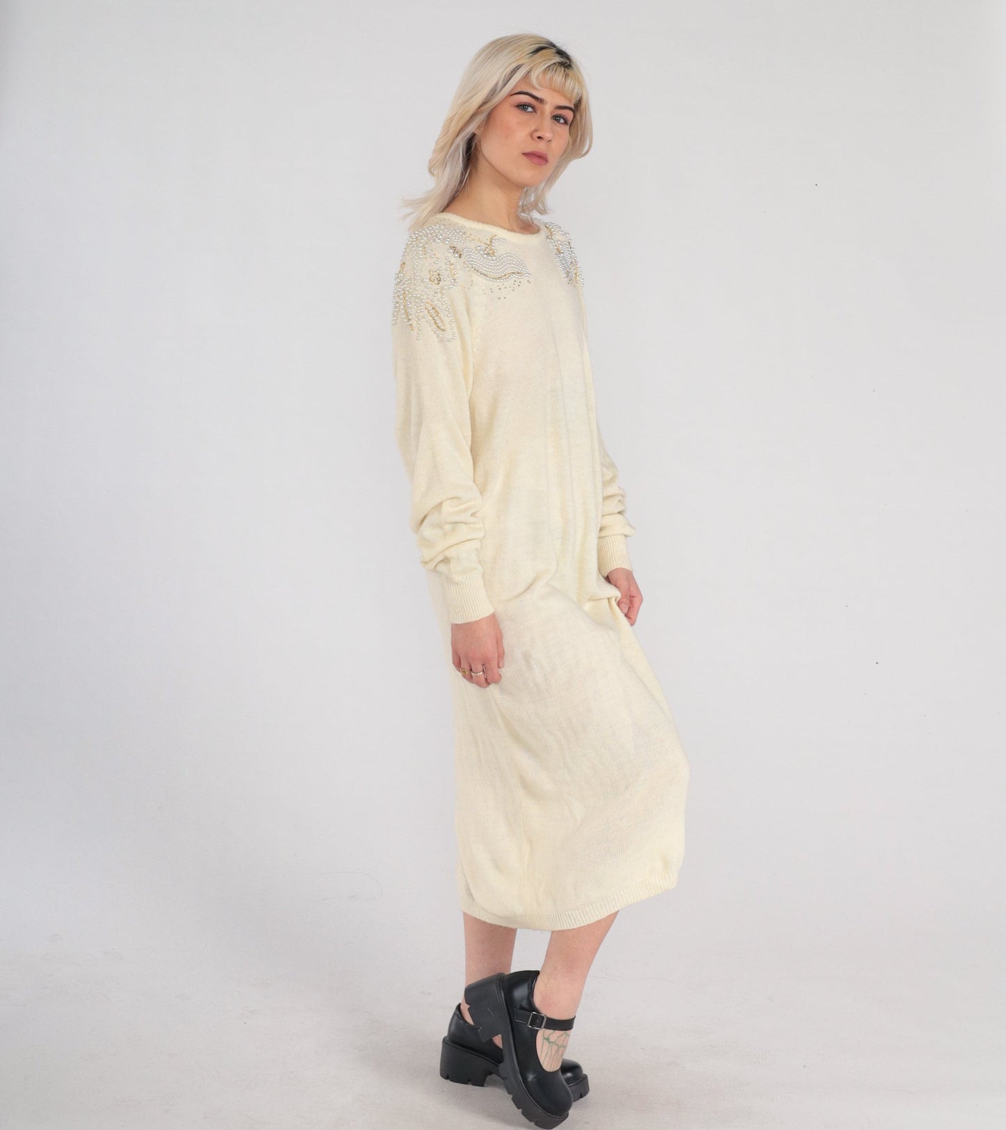 80s Cream Knit Midi Dress Pearl Beaded Shoulders Long Sleeve Shift Large L