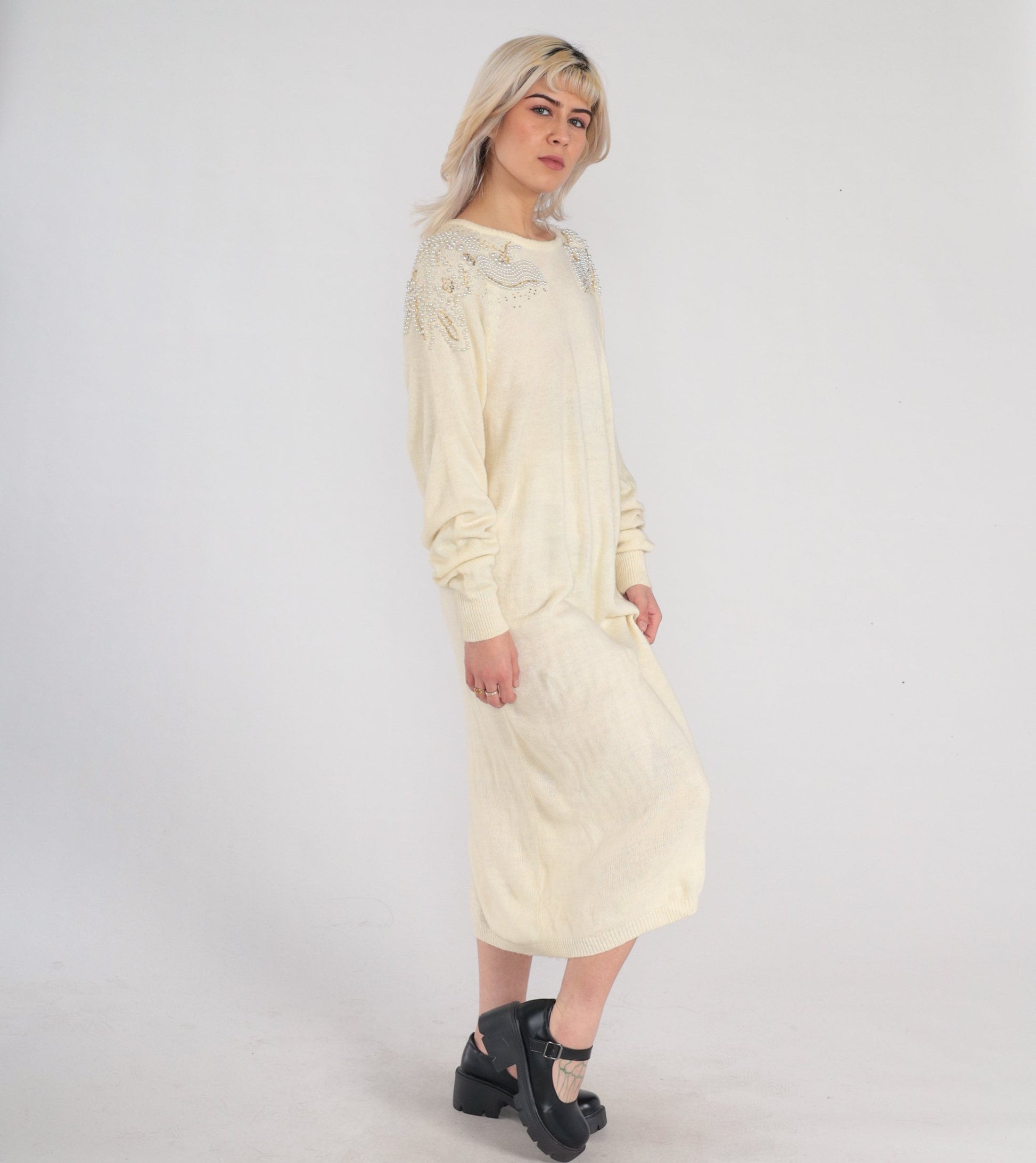 80s Cream Knit Midi Dress Pearl Beaded Shoulders Long Sleeve Shift Large L