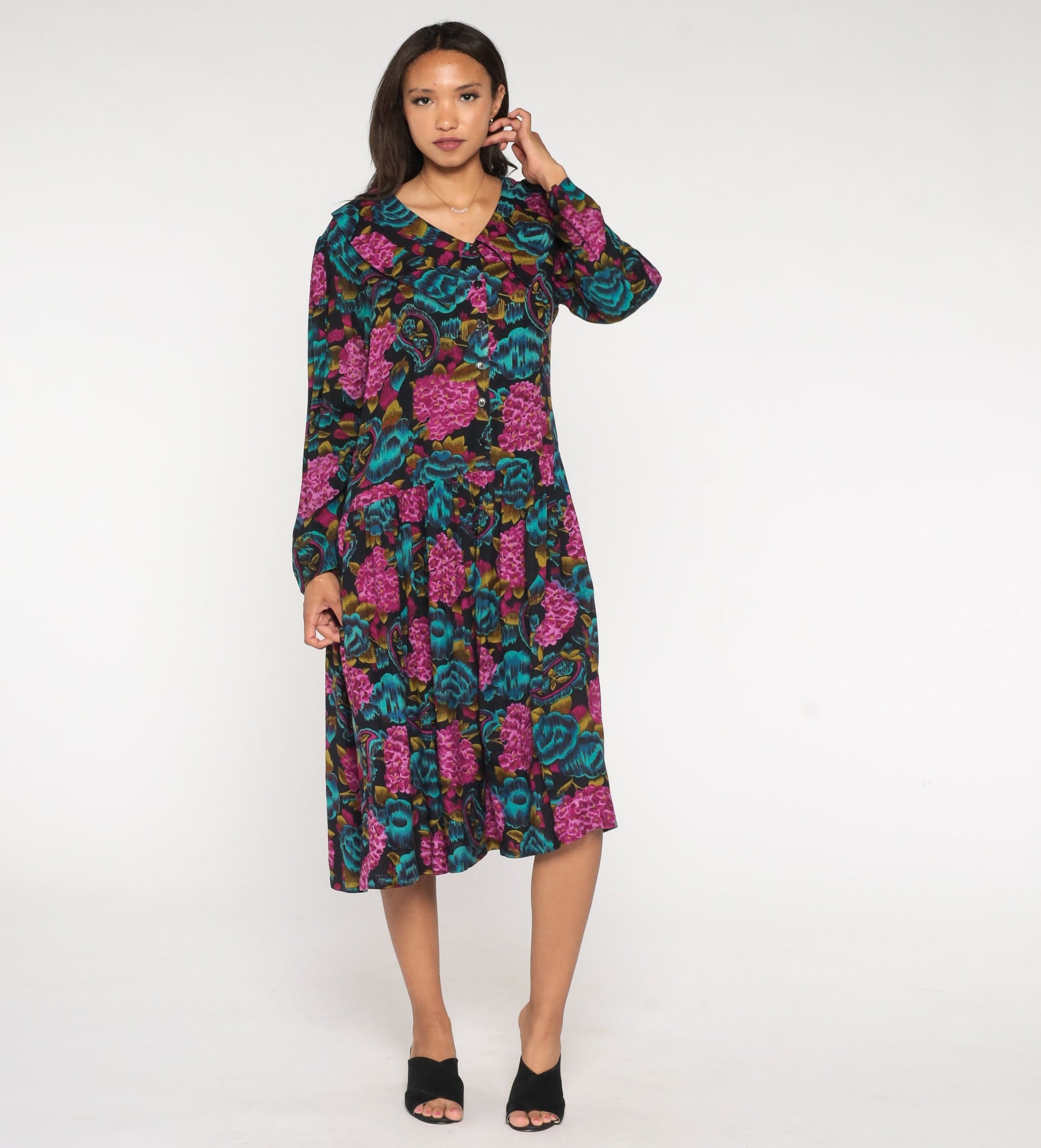 90s Paisley Floral Midi Dress Button-Up Low Waist Blue Purple Rayon Medium
