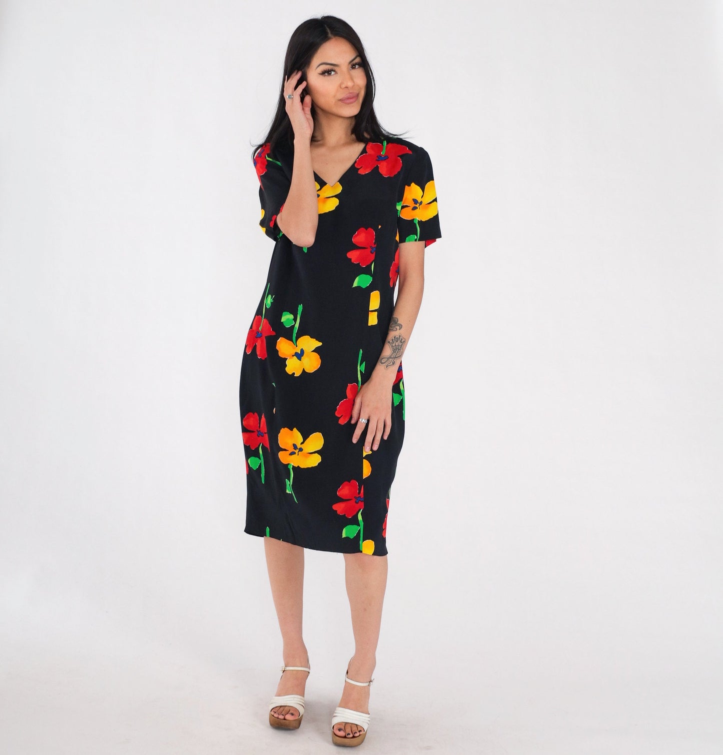 90s Black Poppy Floral Midi Dress Short Sleeve Knee Length Large
