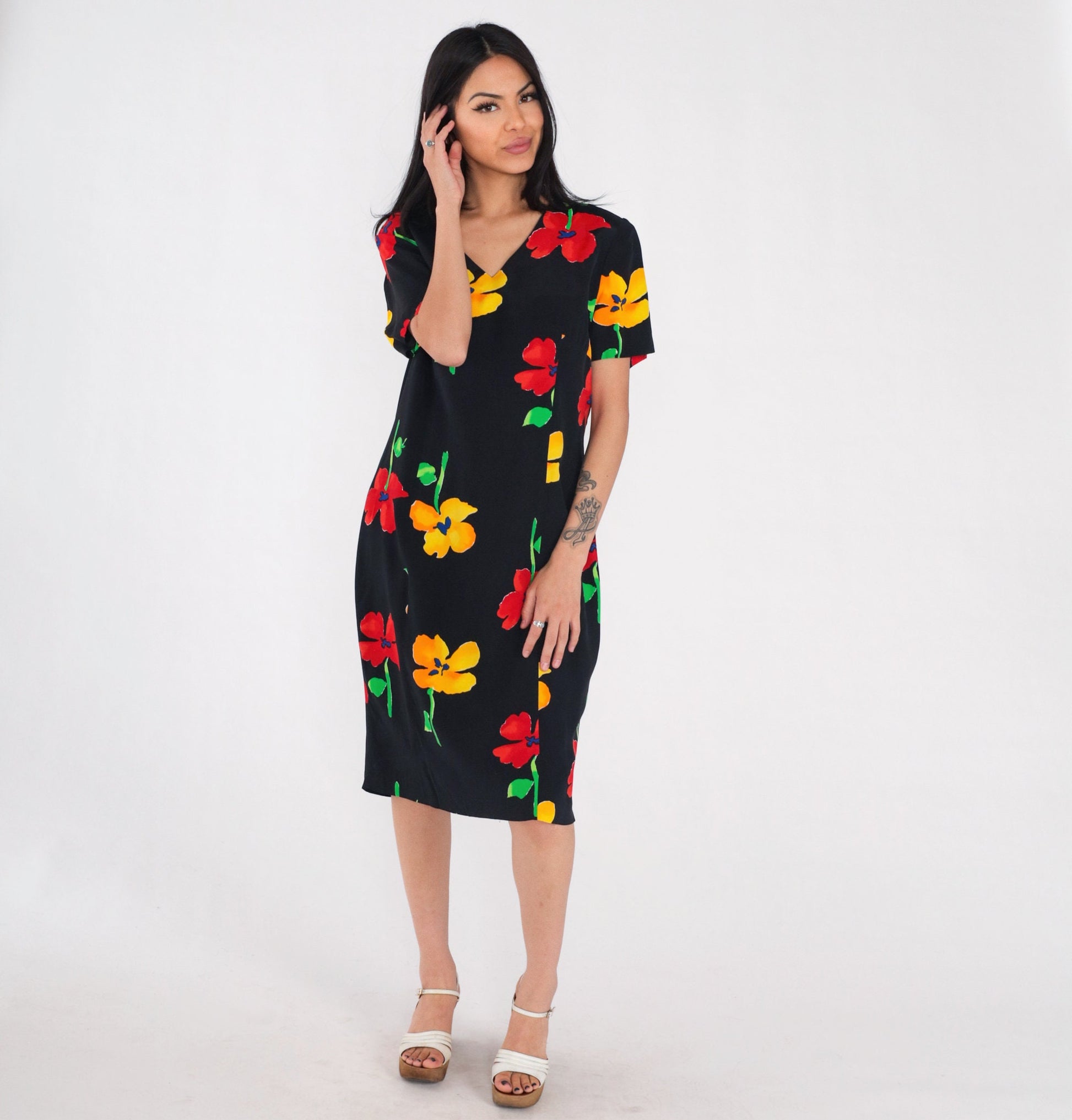 90s Black Poppy Floral Midi Dress Short Sleeve Knee Length Large