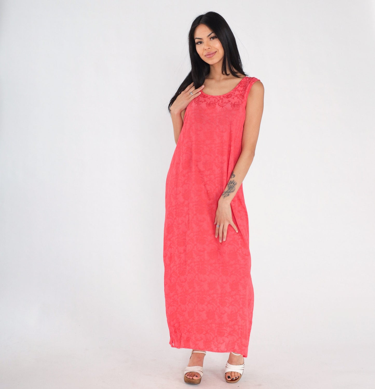 90s Pink Floral Embossed Maxi Dress Sleeveless Side Slit Shift Large 12
