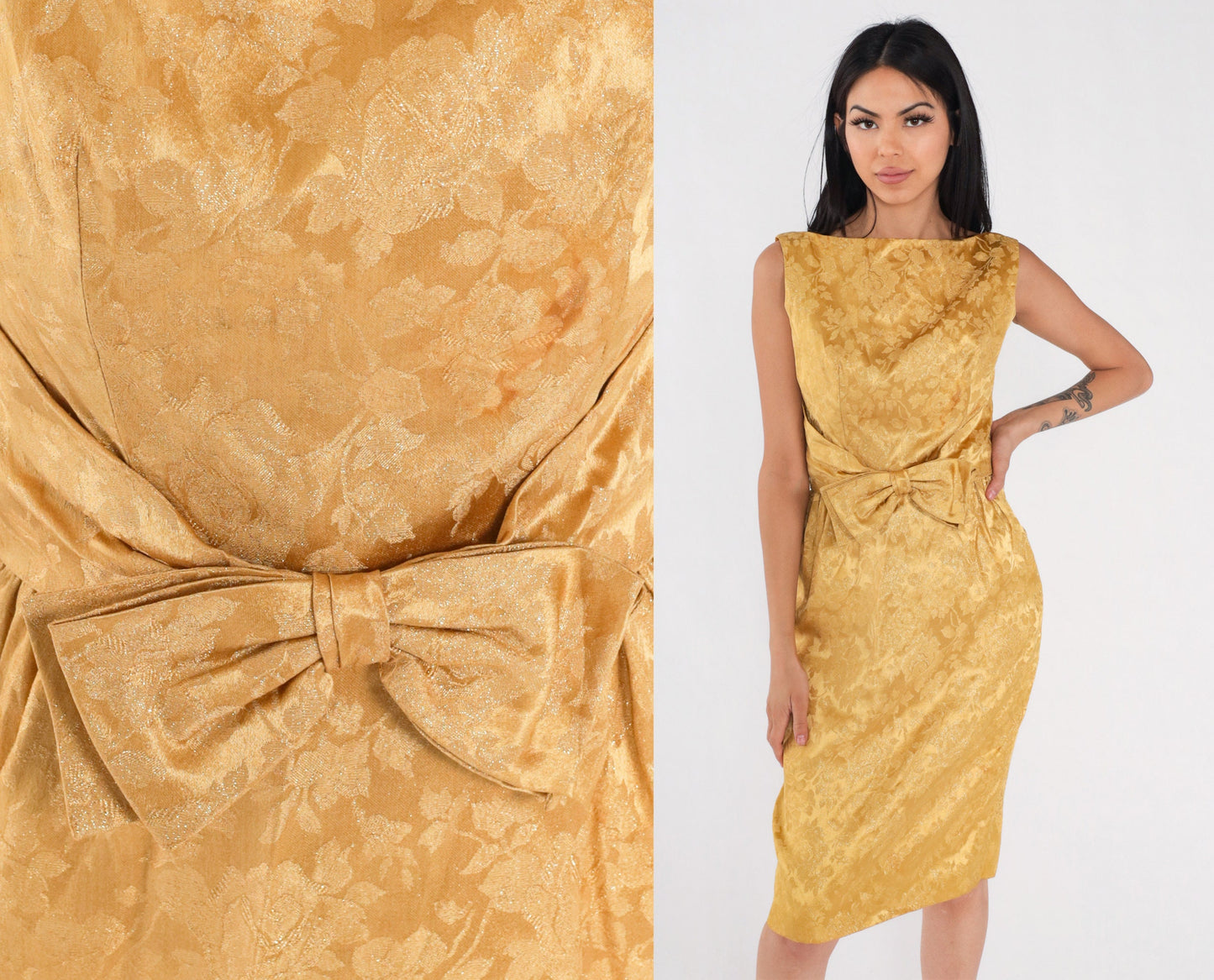 60s Gold Floral Brocade Mini Dress Sleeveless Low Back Bow High Waist Extra Small