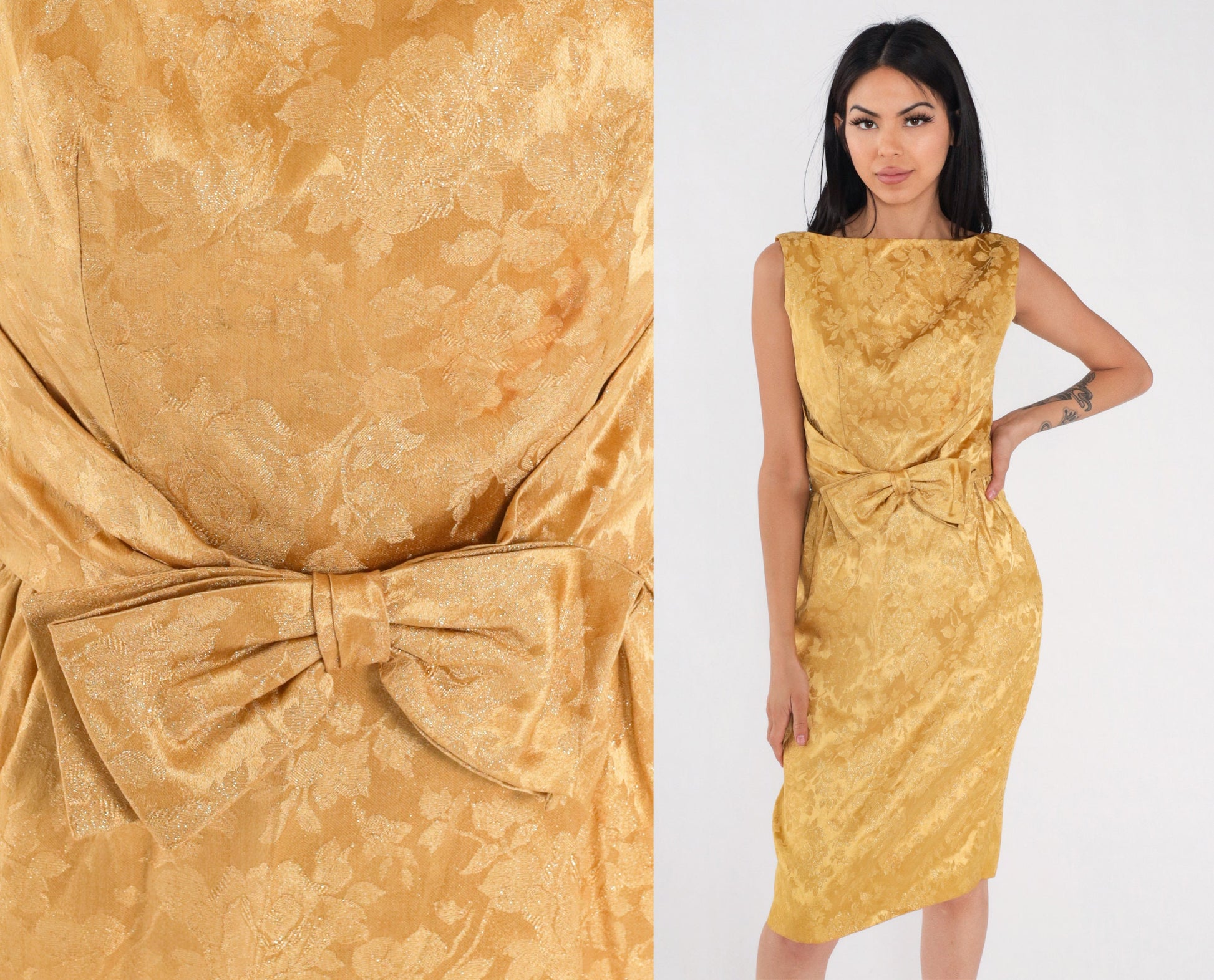 60s Gold Floral Brocade Mini Dress Sleeveless Low Back Bow High Waist Extra Small
