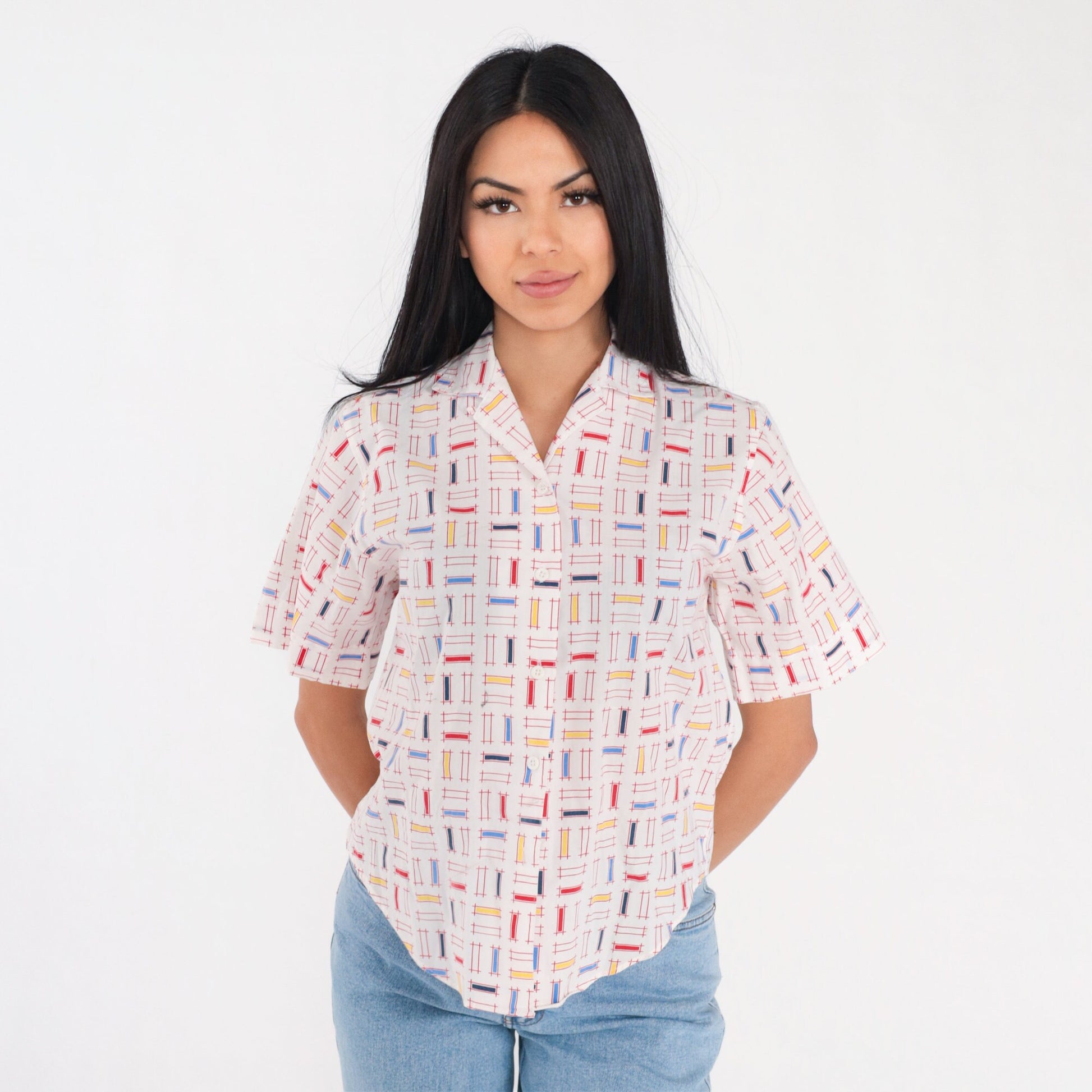 90s White Button Up Blouse Multicolor Geometric Lattice Print Short Sleeve Small